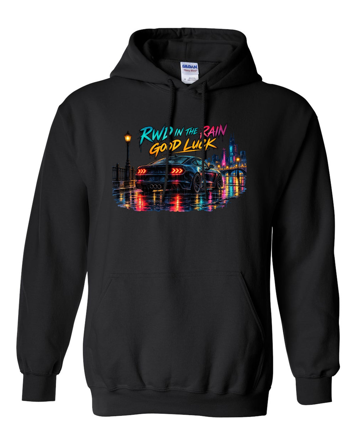 Hyundai Genesis Coupe BK2 watercolour wet road night print with RWD in the rain text black pull over hoodie front view with the design