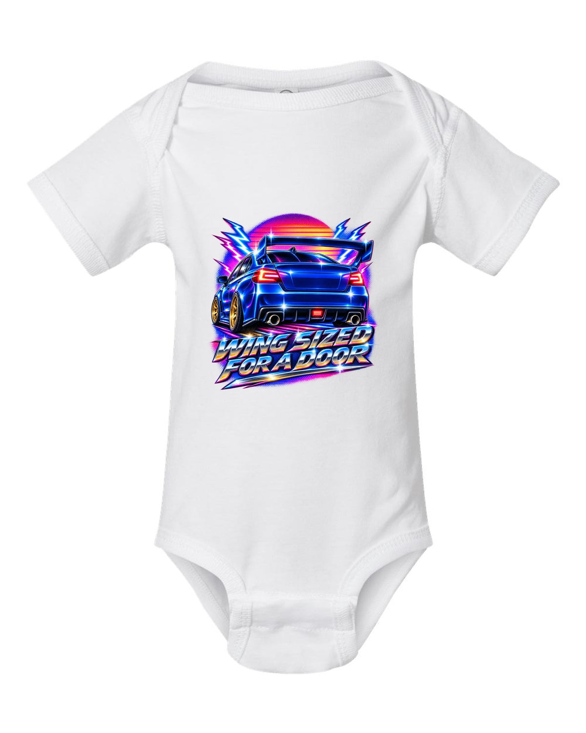 Subaru WRX STI VAB rear in 80s airbrush chrome, WING SIZED / FOR A DOOR white baby onesie front view with the design