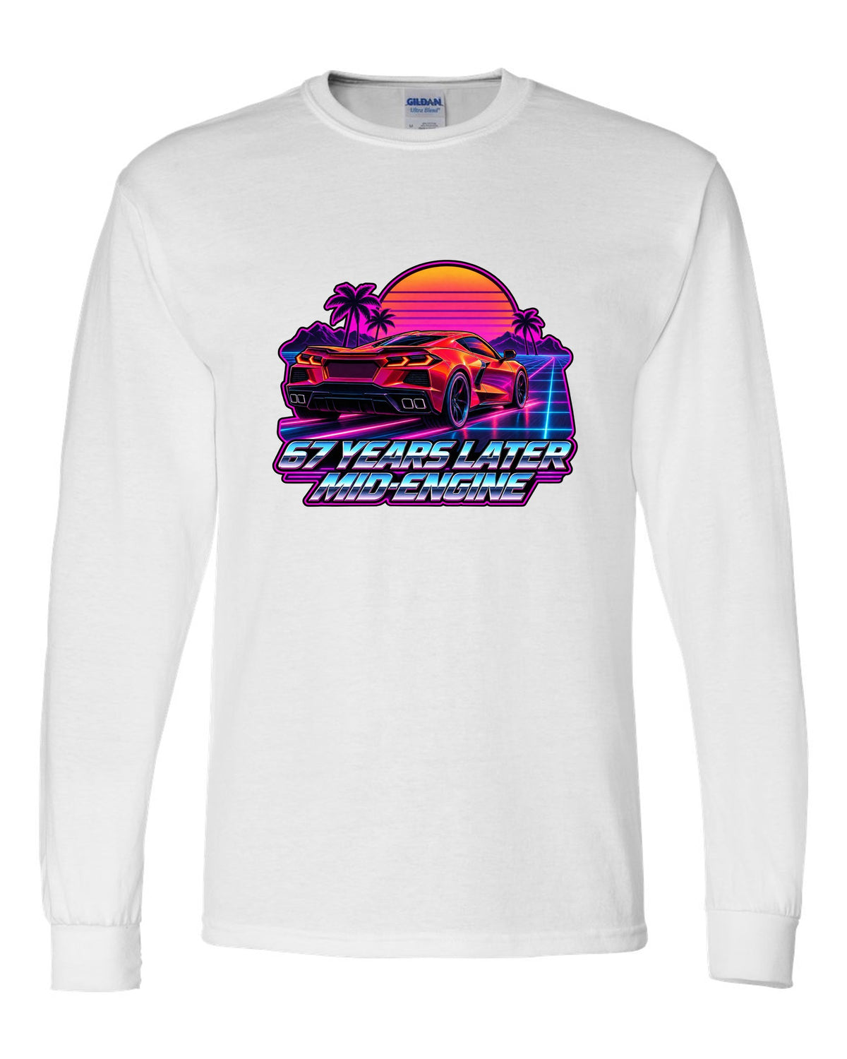Spec-sheet data plate with overhead view of a 2023 C8 Corvette Z06 white long sleeve front view with the design
