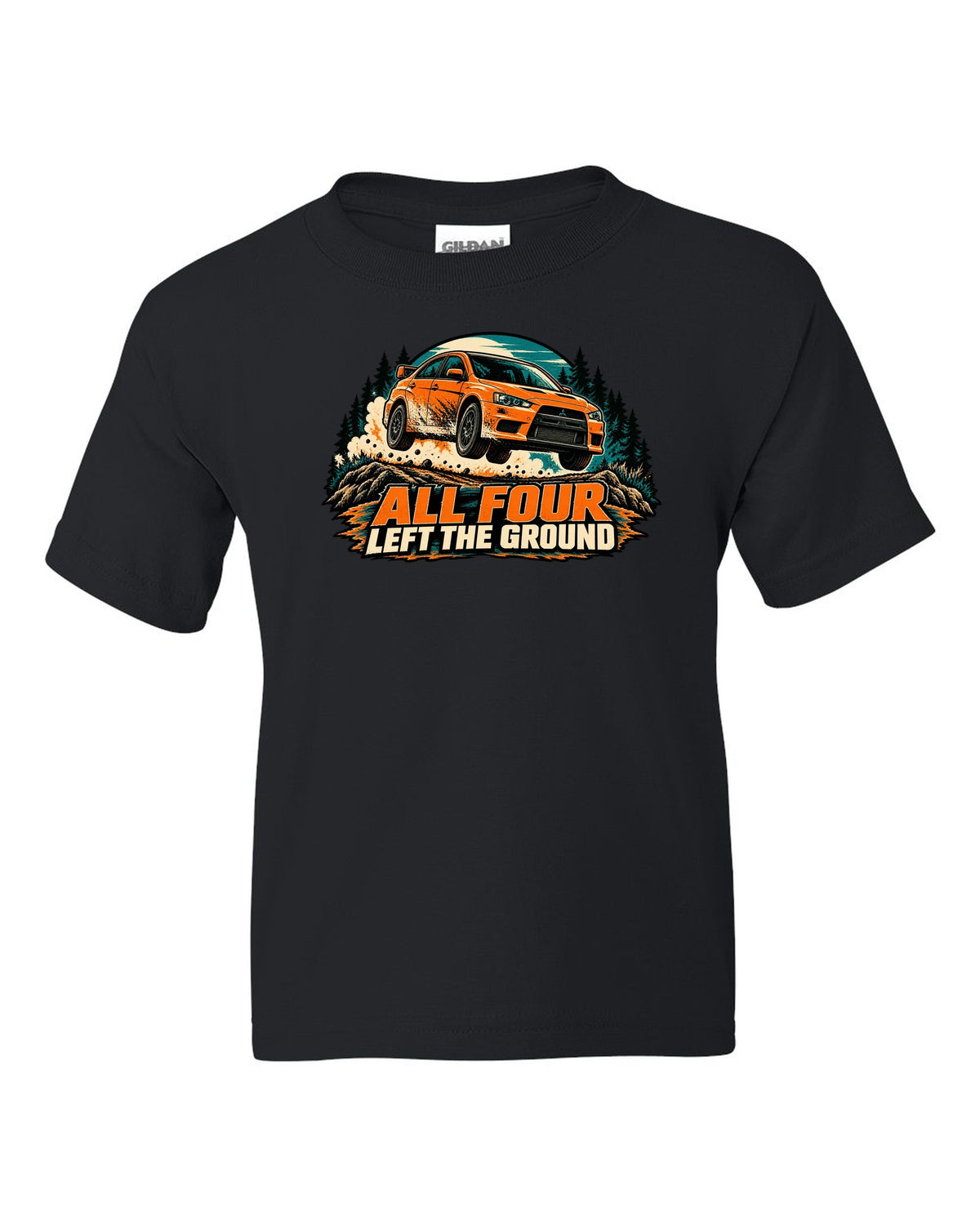 Flat vector minimalist print of the Mitsubishi Evo X CZ4A with aluminium block 291 HP text black kids tee front view with the design