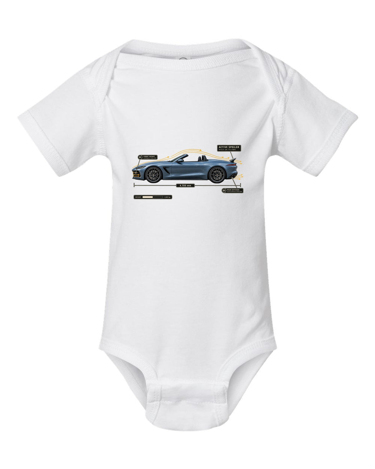 SL63 R232 Active Spoiler Aero Callout white baby onesie front view with the design
