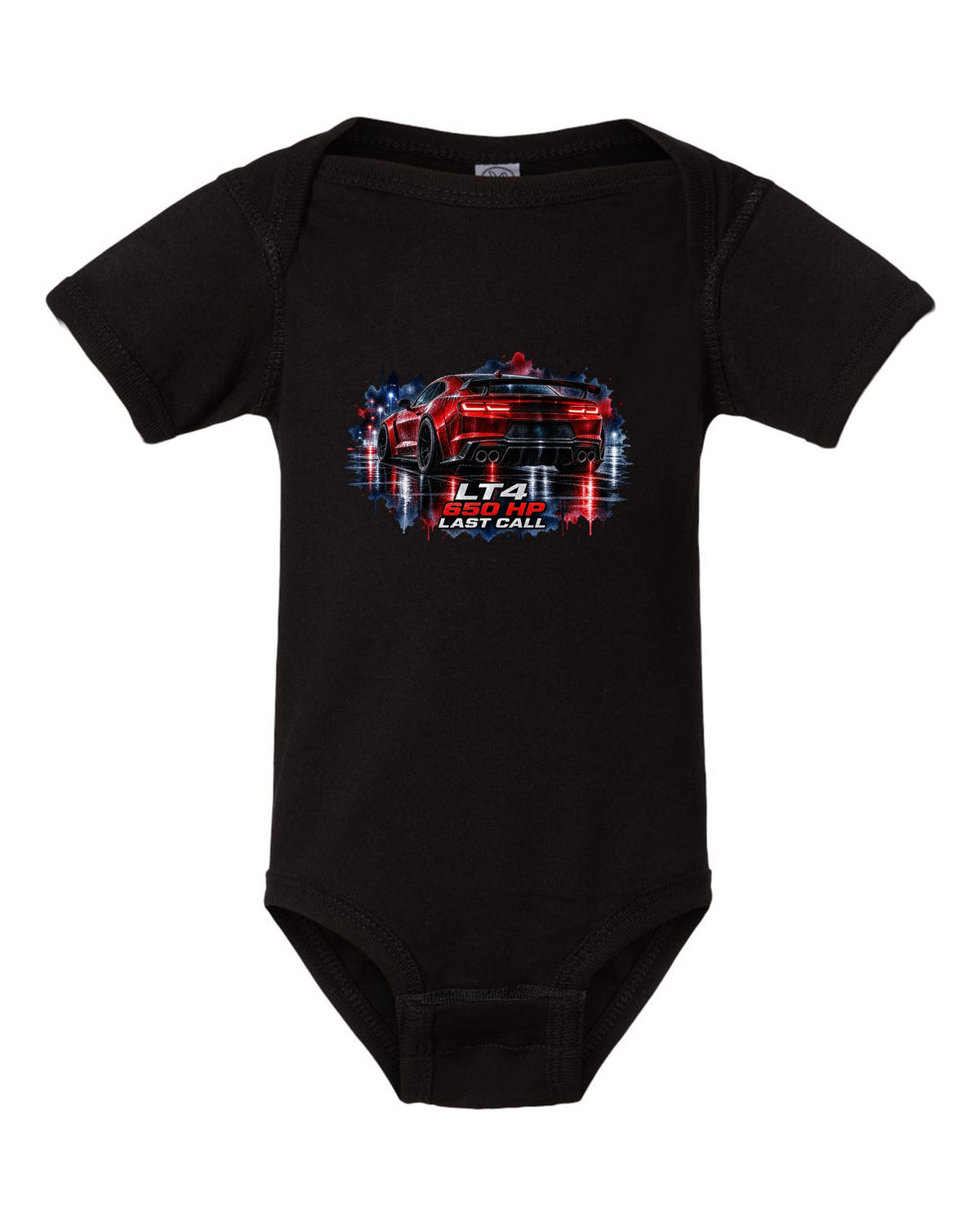 2023 Camaro ZL1 on a wet night road in watercolour style with LT4 650 HP Last Call text black baby onesie front view with the design