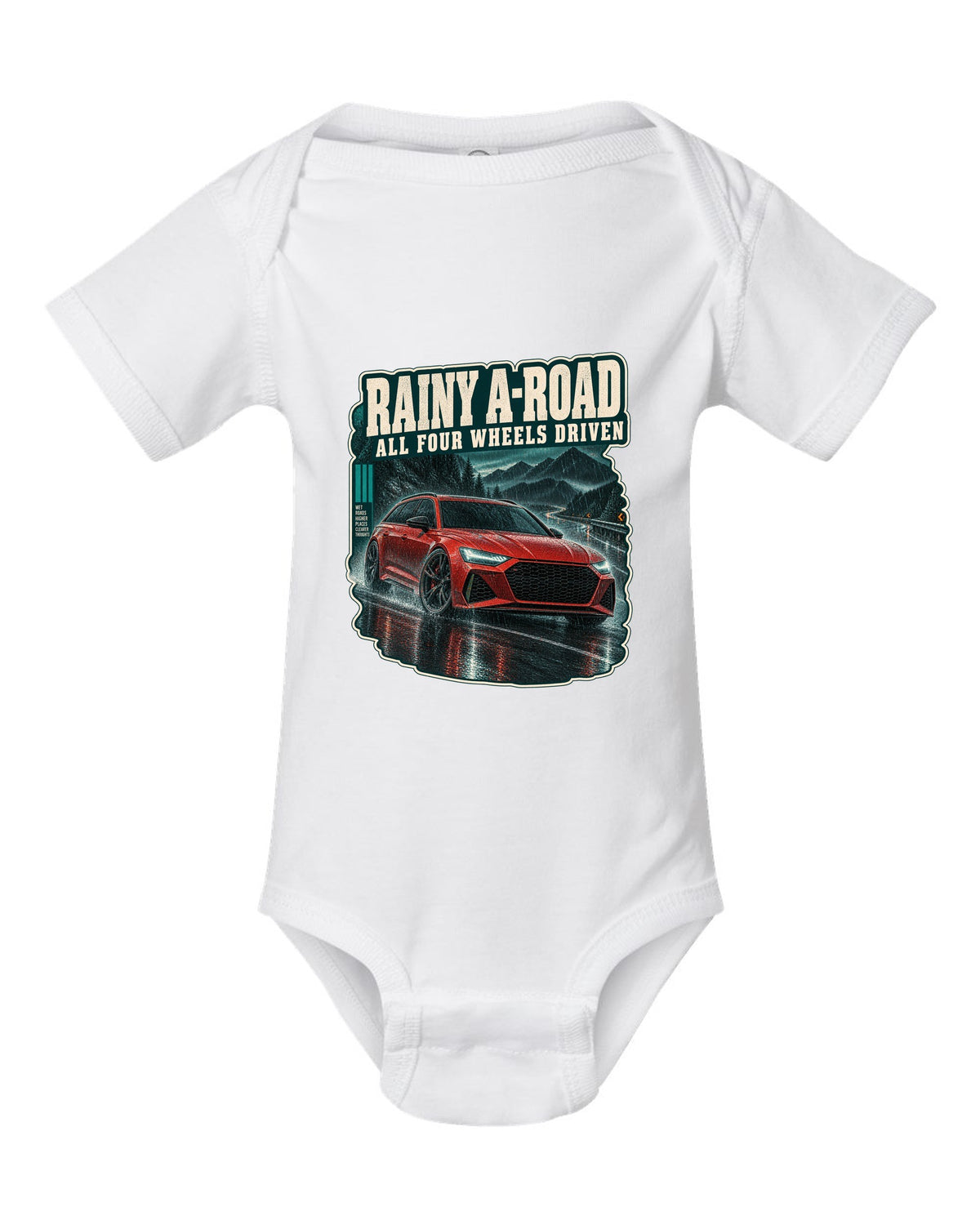 Rainy night road scene with an Audi RS6 Avant C8, all-wheel-drive caption white baby onesie front view with the design