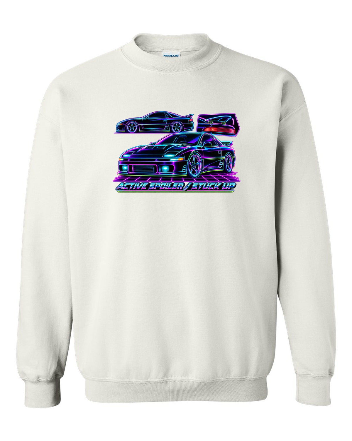 Neon wireframe outline print of the Mitsubishi 3000GT VR-4 with active spoiler stuck up text white crewneck front view with the design