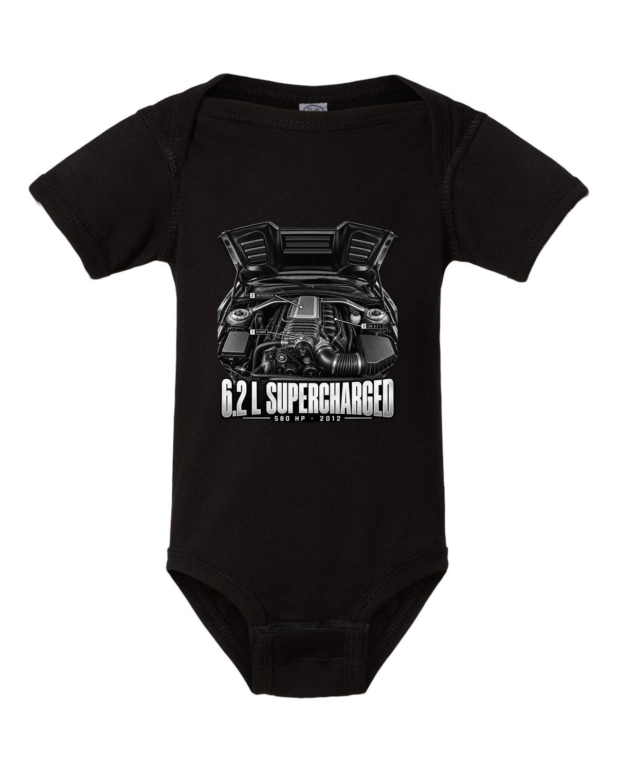 Engine hero print of a supercharged 6.2 L LSA in a 2013 Chevrolet Camaro ZL1 with numbered callouts black baby onesie front view with the design