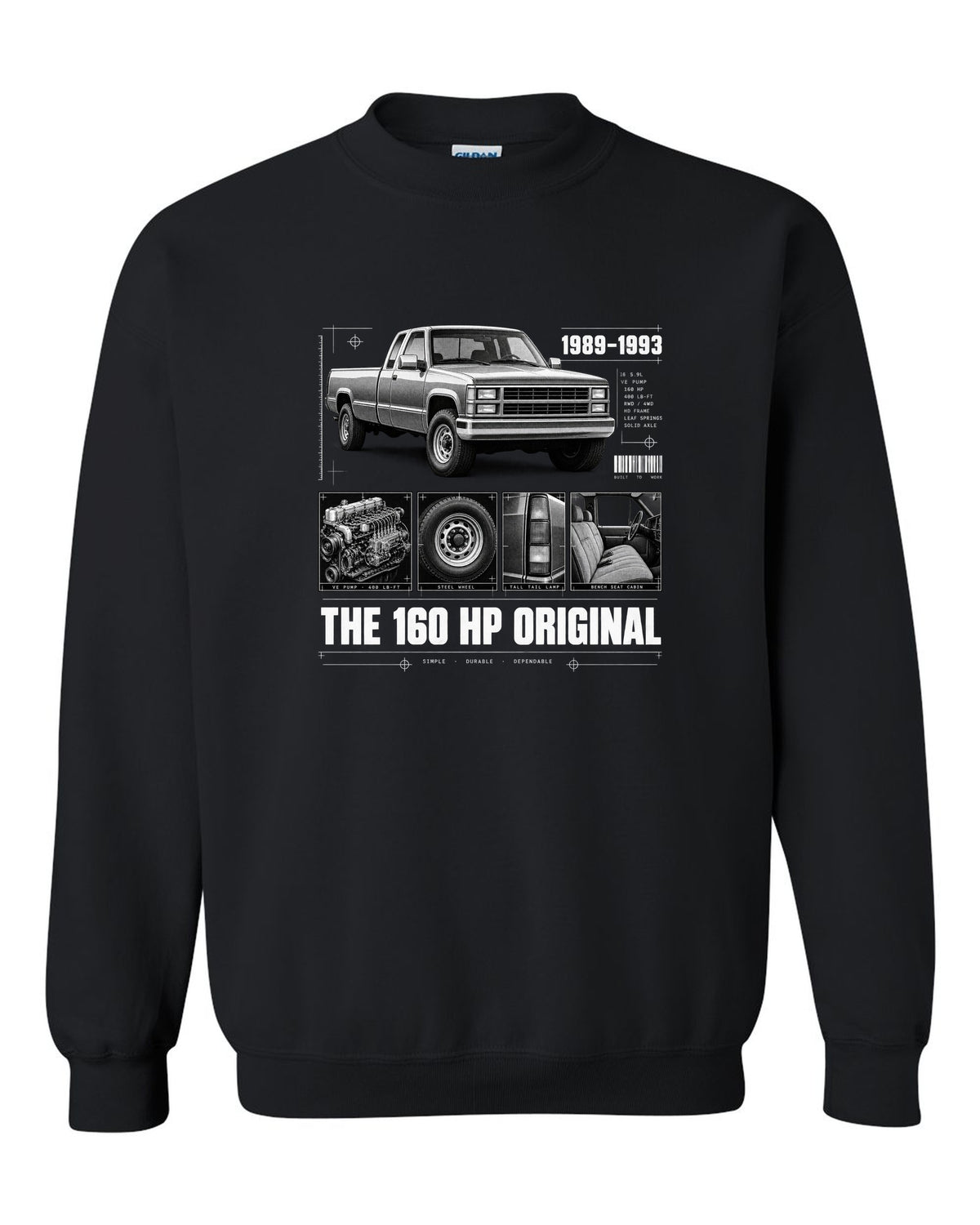 Dossier print of a 1989-93 Dodge D250 1st gen Cummins with VE pump and torque figures black crewneck front view with the design