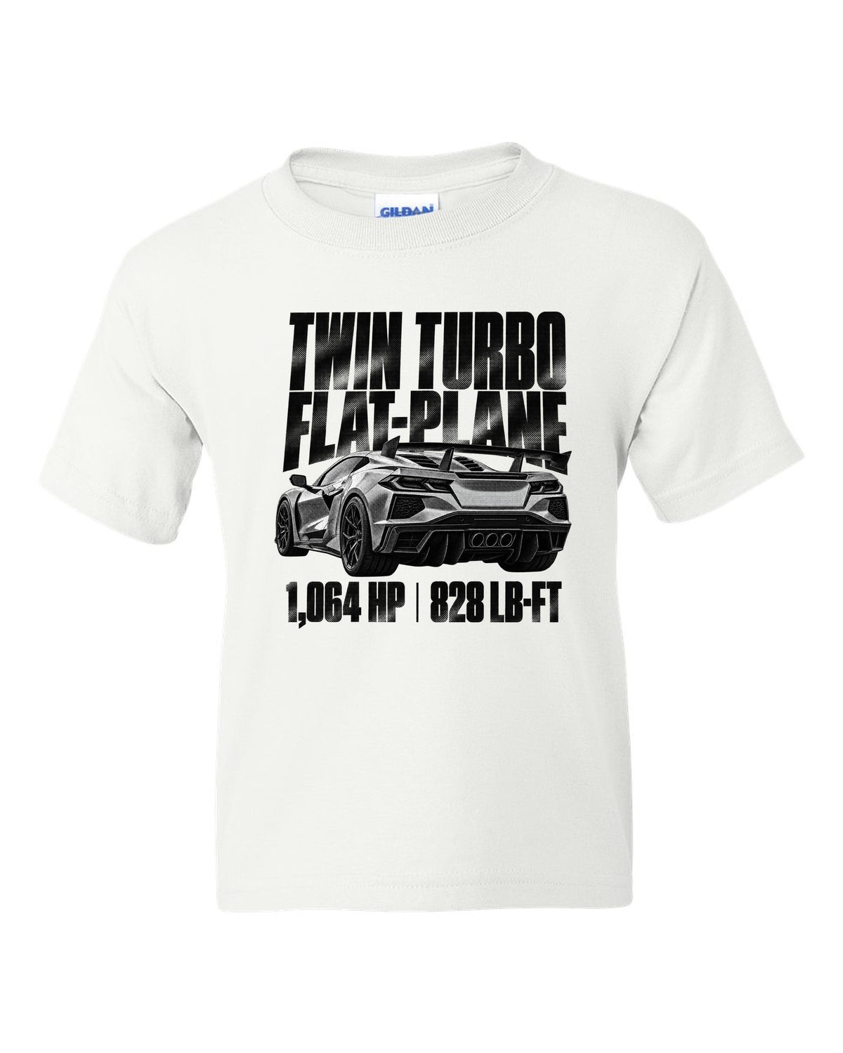 Corvette C8 ZR1 2025 hood vents and rear wing in halftone white kids tee front view with the design
