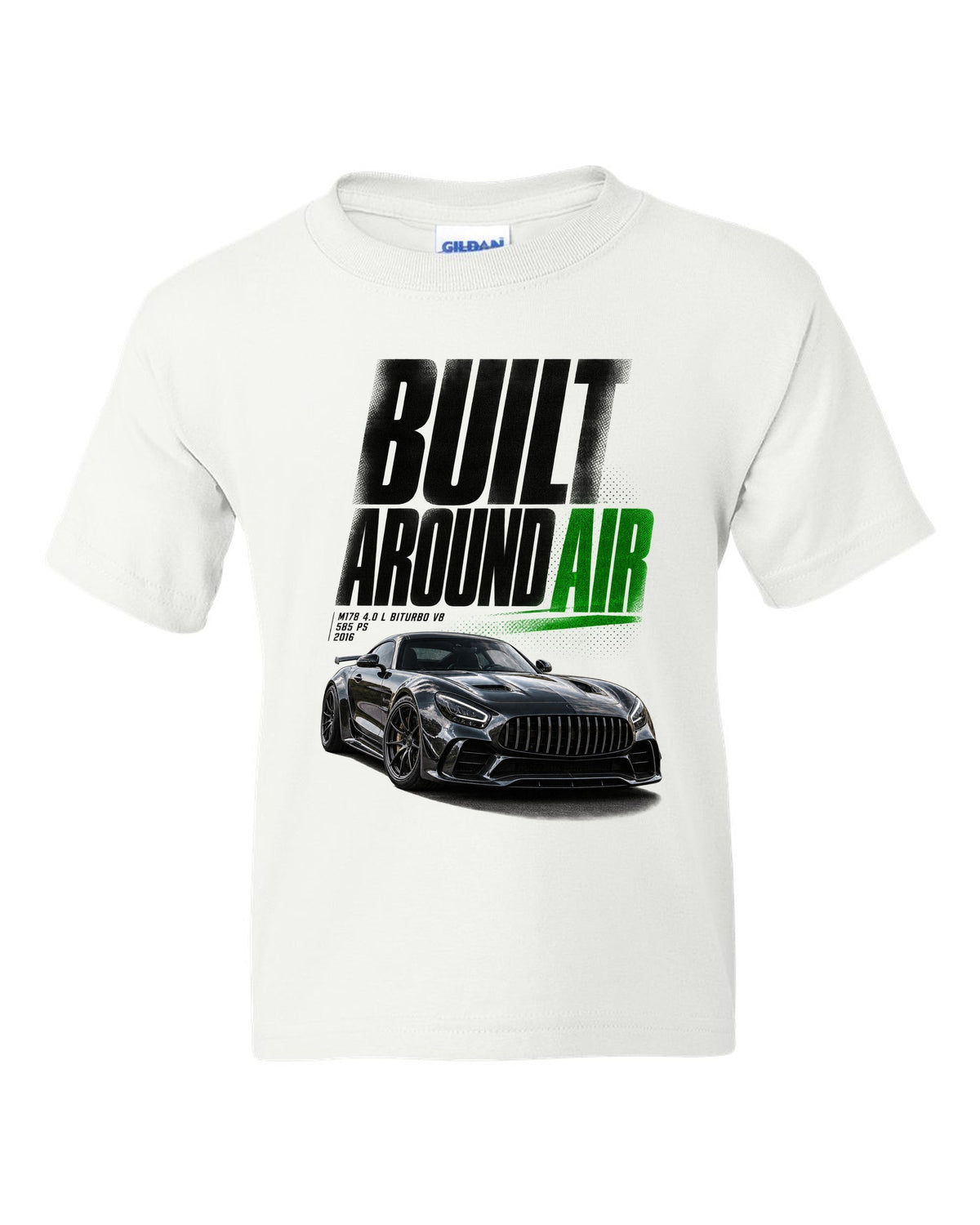 Halftone statement print of a Mercedes-AMG GT R C190 with Built Around Air lettering white kids tee front view with the design