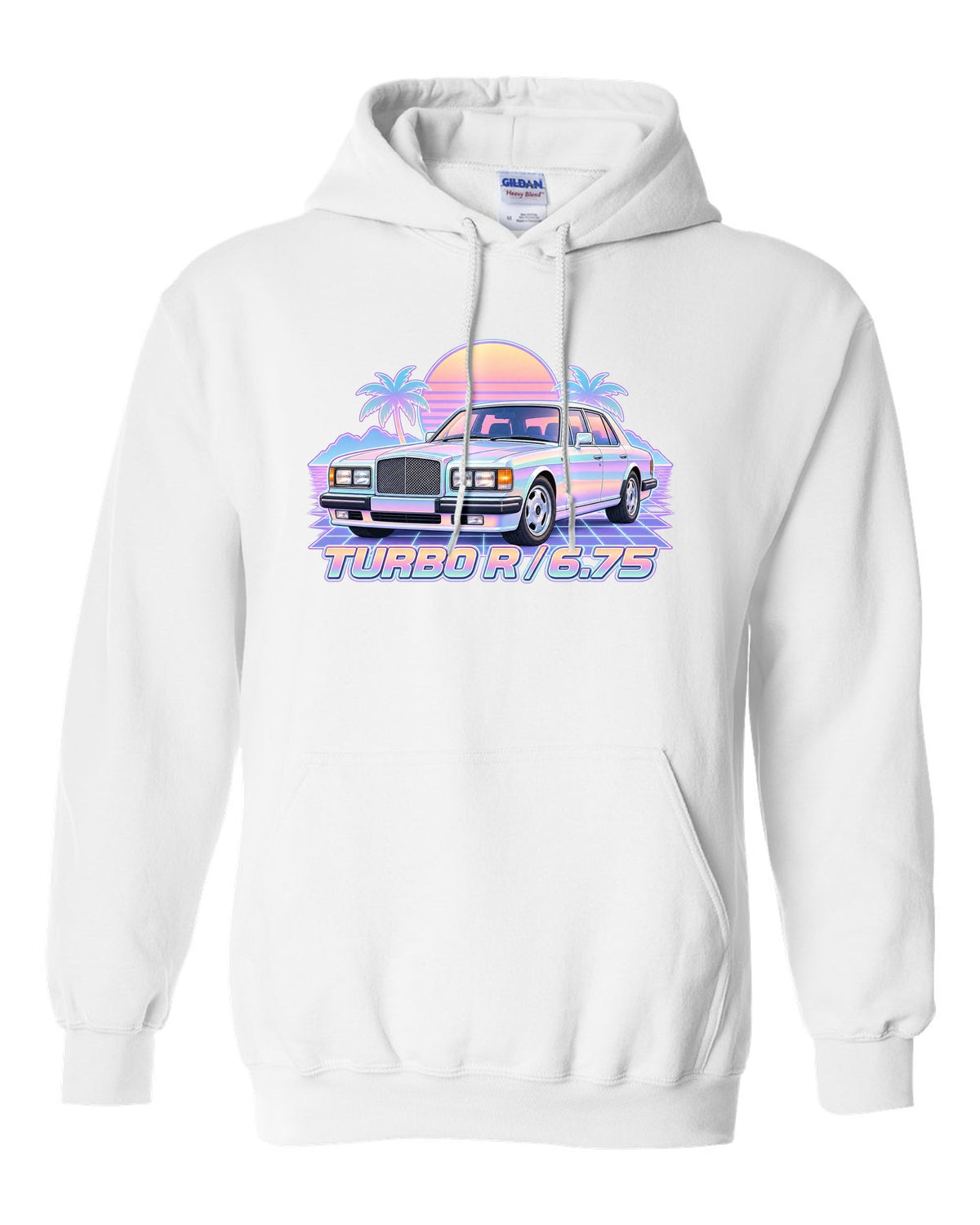 Pastel vaporwave illustration of a Bentley Turbo R front grille with TURBO R 6.75 lettering white pull over hoodie front view with the design