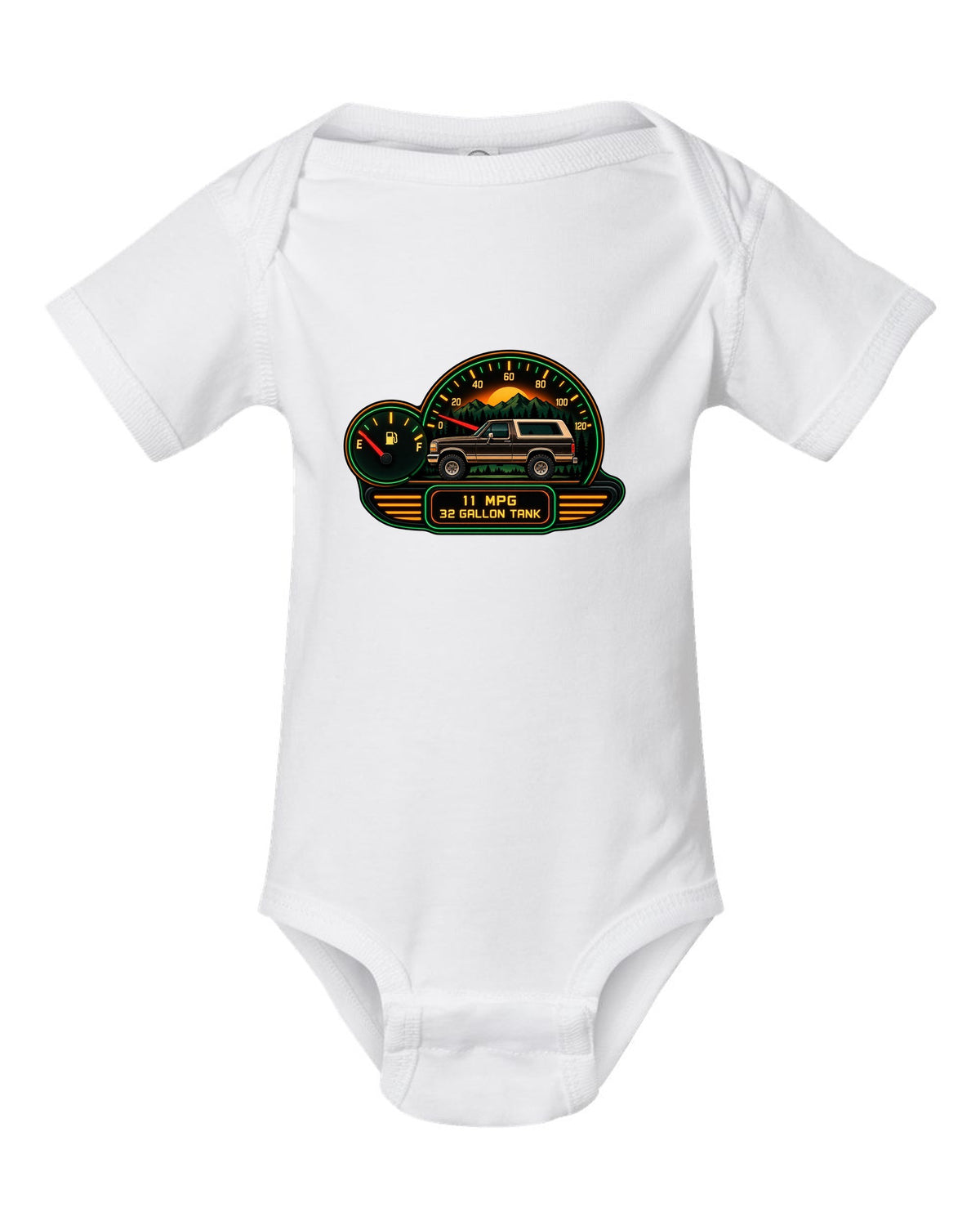 Gauge-cluster HUD style art of a 1987-91 Ford Bronco Brick-Nose dash with 11 MPG 32 GALLON TANK readouts white baby onesie front view with the design