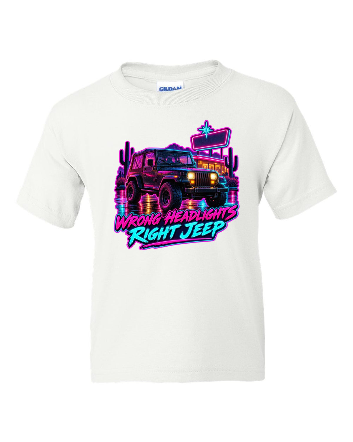 Synthwave diner scene illustration of a Jeep Wrangler YJ with WRONG HEADLIGHTS RIGHT JEEP lettering white kids tee front view with the design