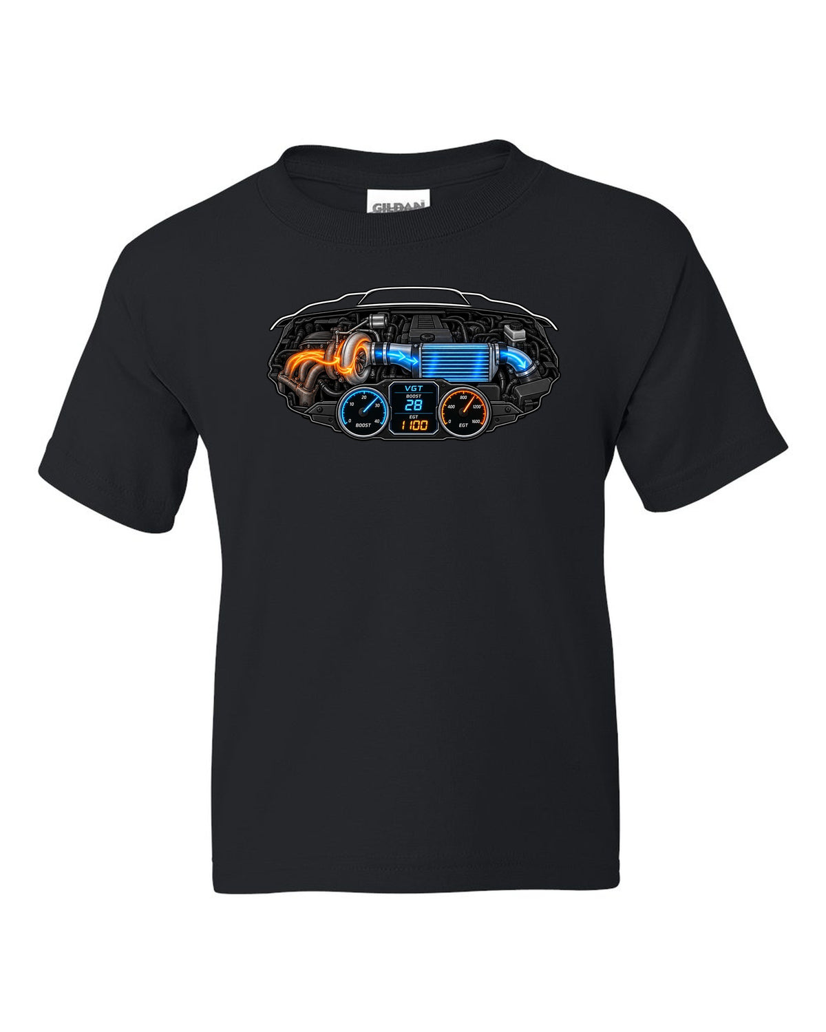 Gauge-cluster HUD print of a 2003-2009 Dodge Ram 3rd gen 5.9 compound turbo with VGT boost 28 EGT 1100 text black kids tee front view with the design