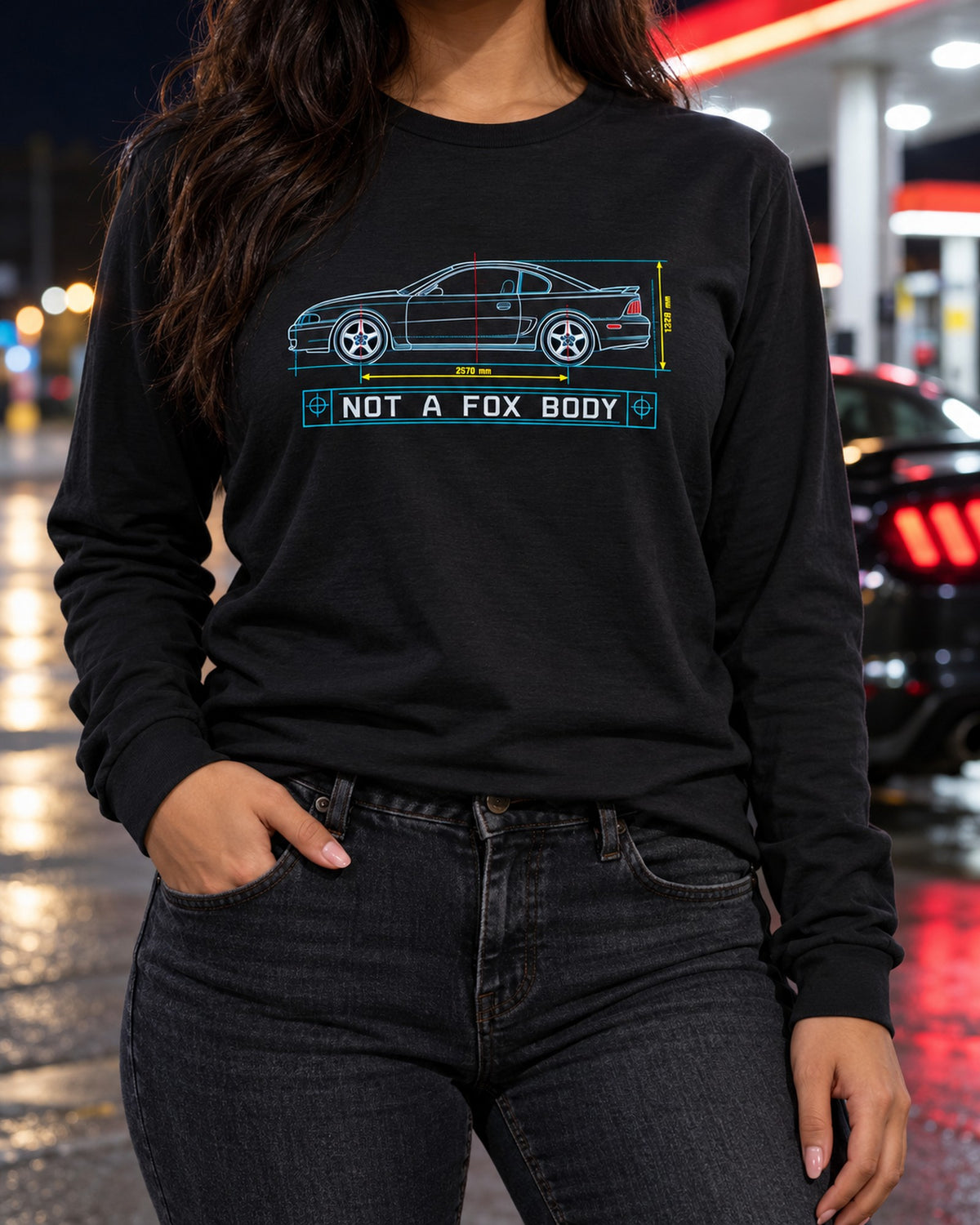 1994-98 SN95 Mustang Coupe Blueprint Shirt, Not A Fox Body Long Sleeve Black worn hero