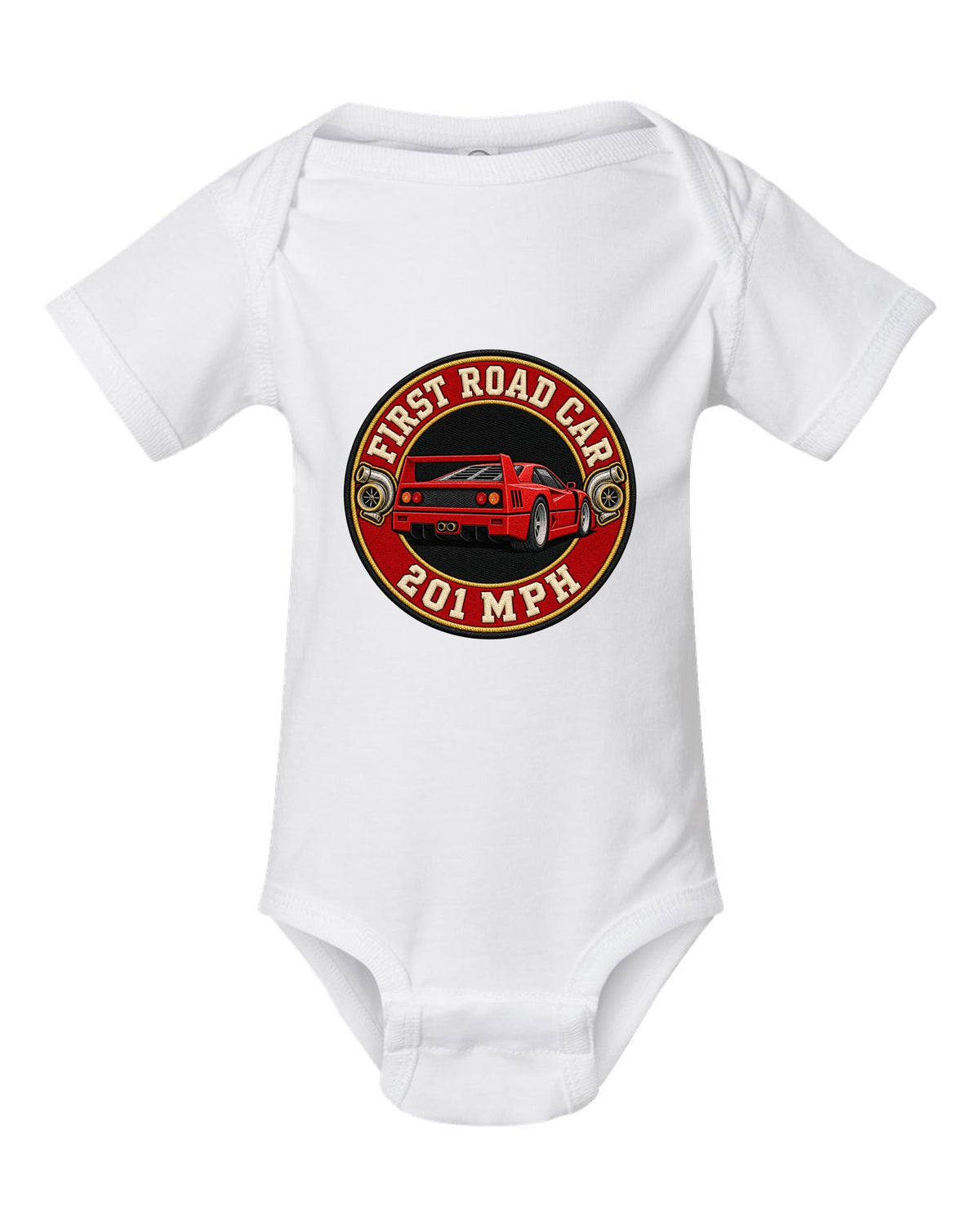 Embroidery-style varsity roundel of a 1987 Ferrari F40 F120 with first road car 201 MPH text white baby onesie front view with the design