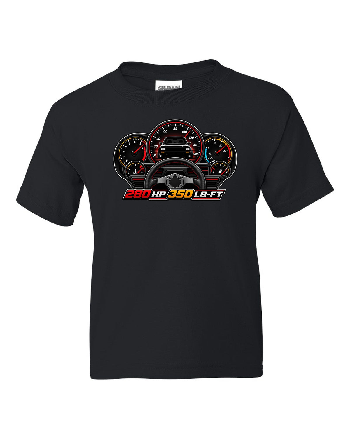 Gauge cluster HUD design for a 1991 GMC Syclone showing 280 HP and 350 LB-FT black kids tee front view with the design