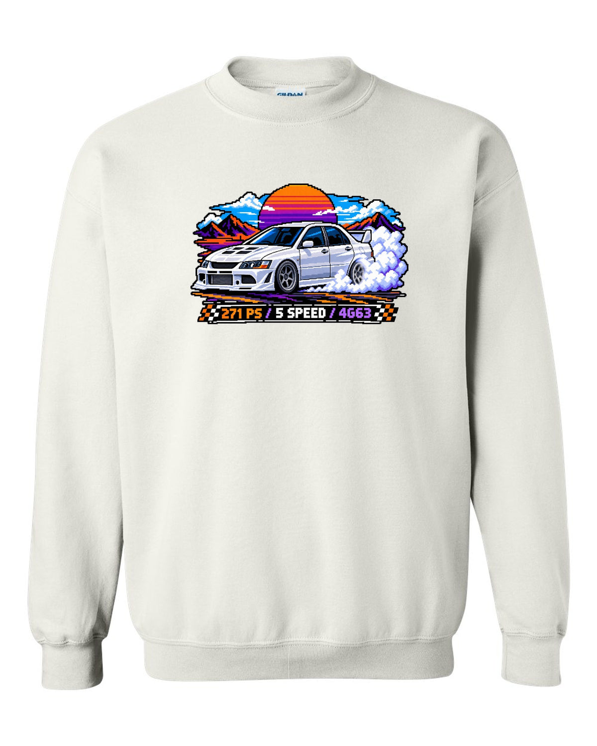 Pixel art burnout print of the Mitsubishi Evo VIII CT9A with 271 PS 5 speed 4G63 text white crewneck front view with the design