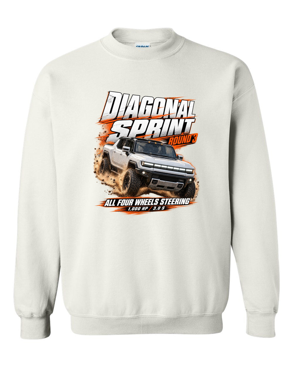 Race poster print of a 2022 GMC Hummer EV pickup EV3X with diagonal sprint text white crewneck front view with the design