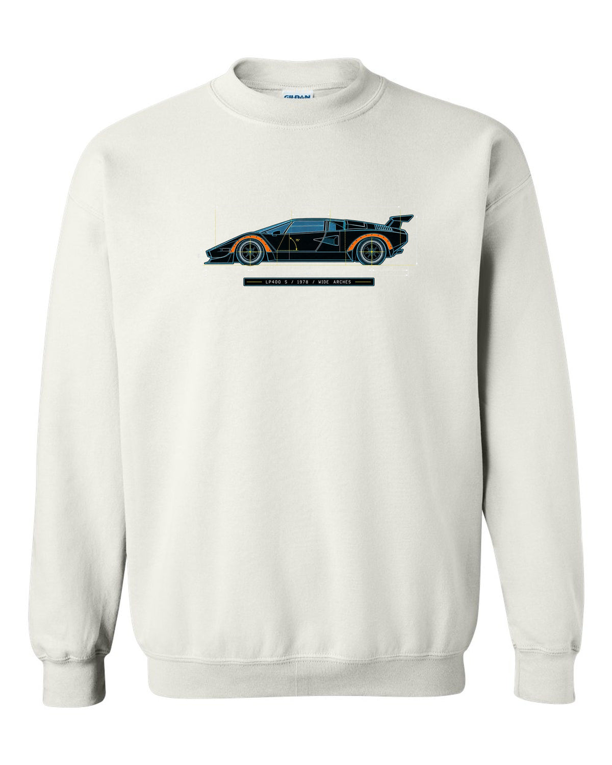 Blueprint patent line art of a Lamborghini Countach LP400 S 1978 with wide arches text white crewneck front view with the design
