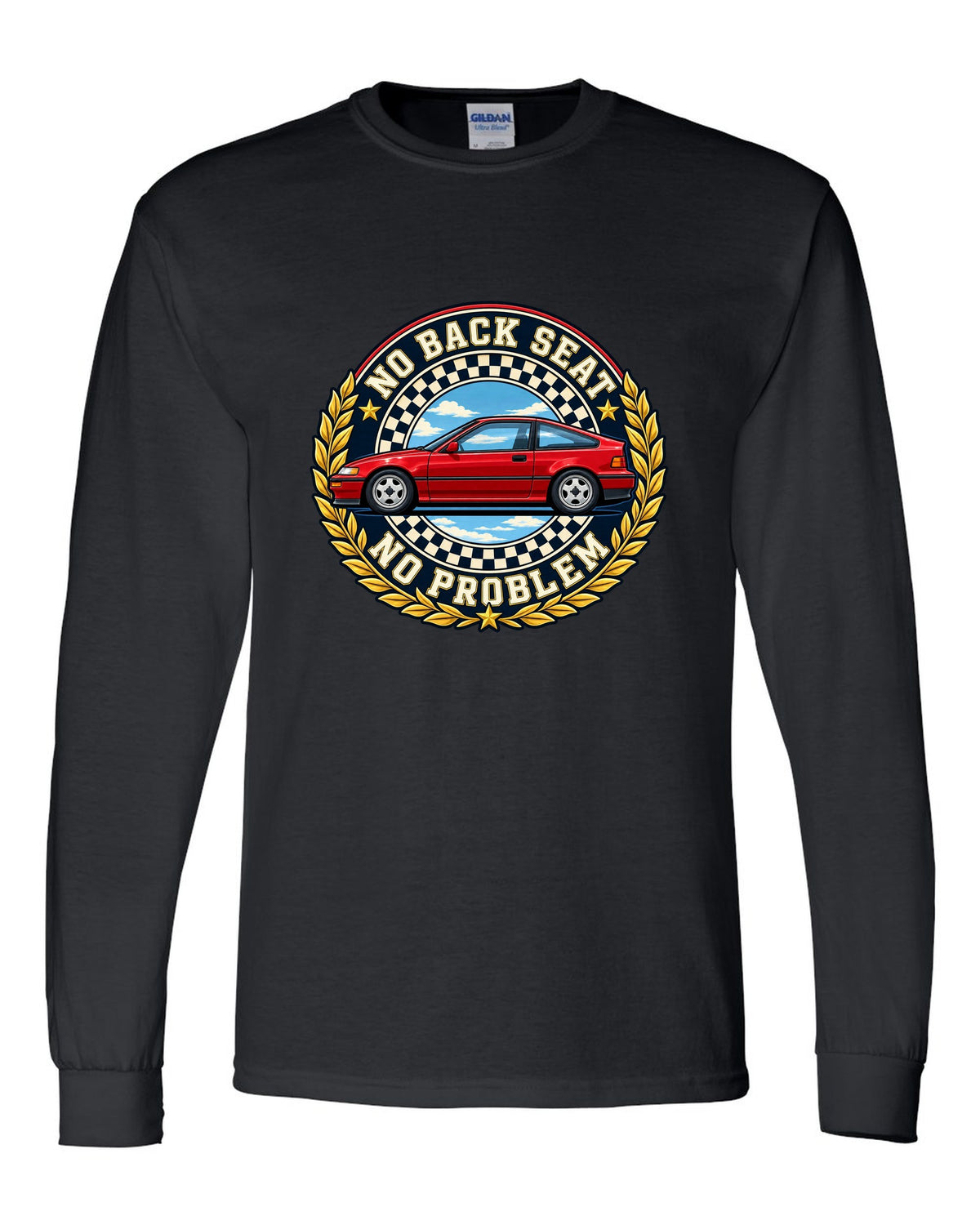 Crest layout print for the Honda CRX EF8 with no back seat text black long sleeve front view with the design