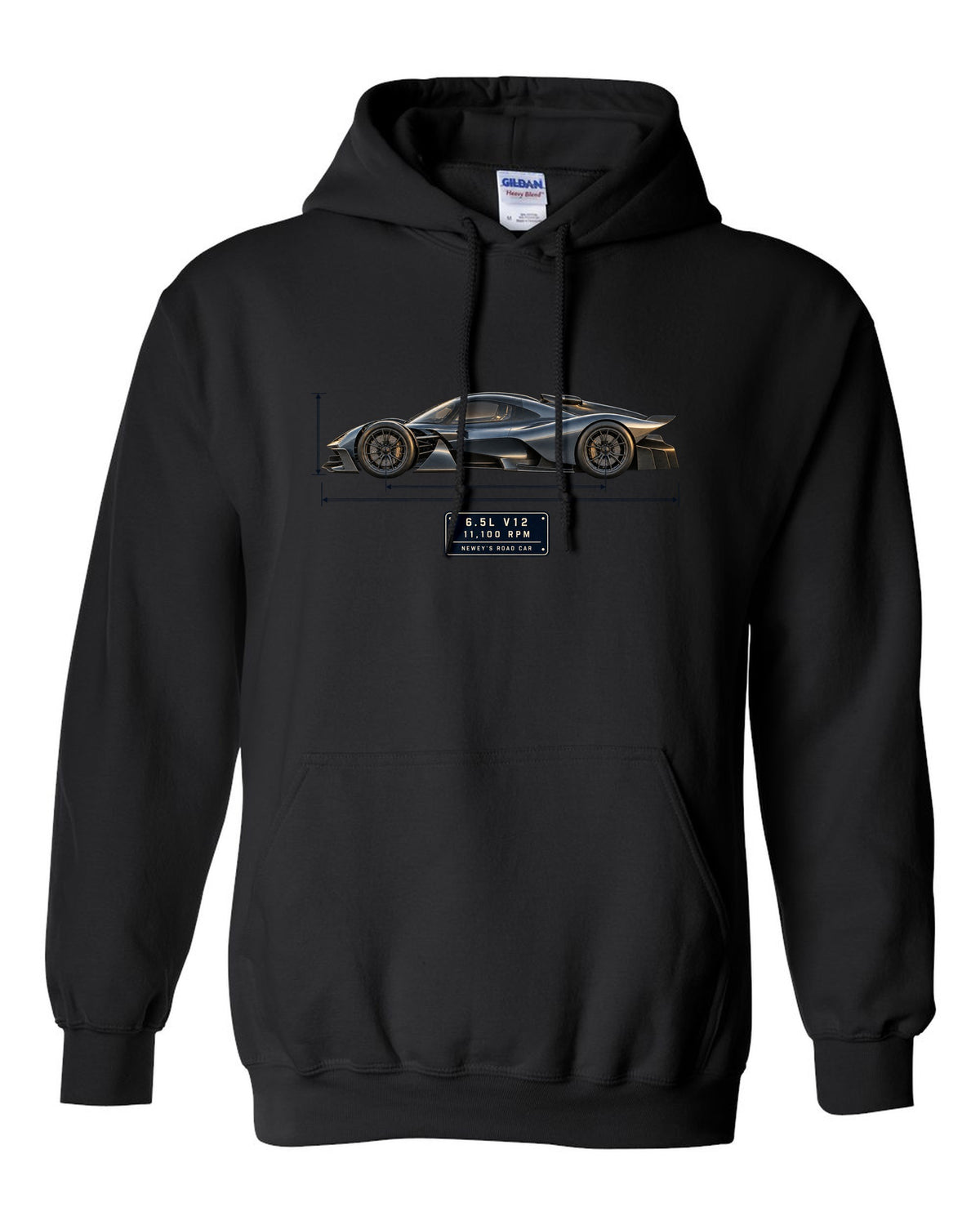 Aston Martin Valkyrie 2021 blueprint print with 6.5L V12 and 11,100 rpm lettering black pull over hoodie front view with the design