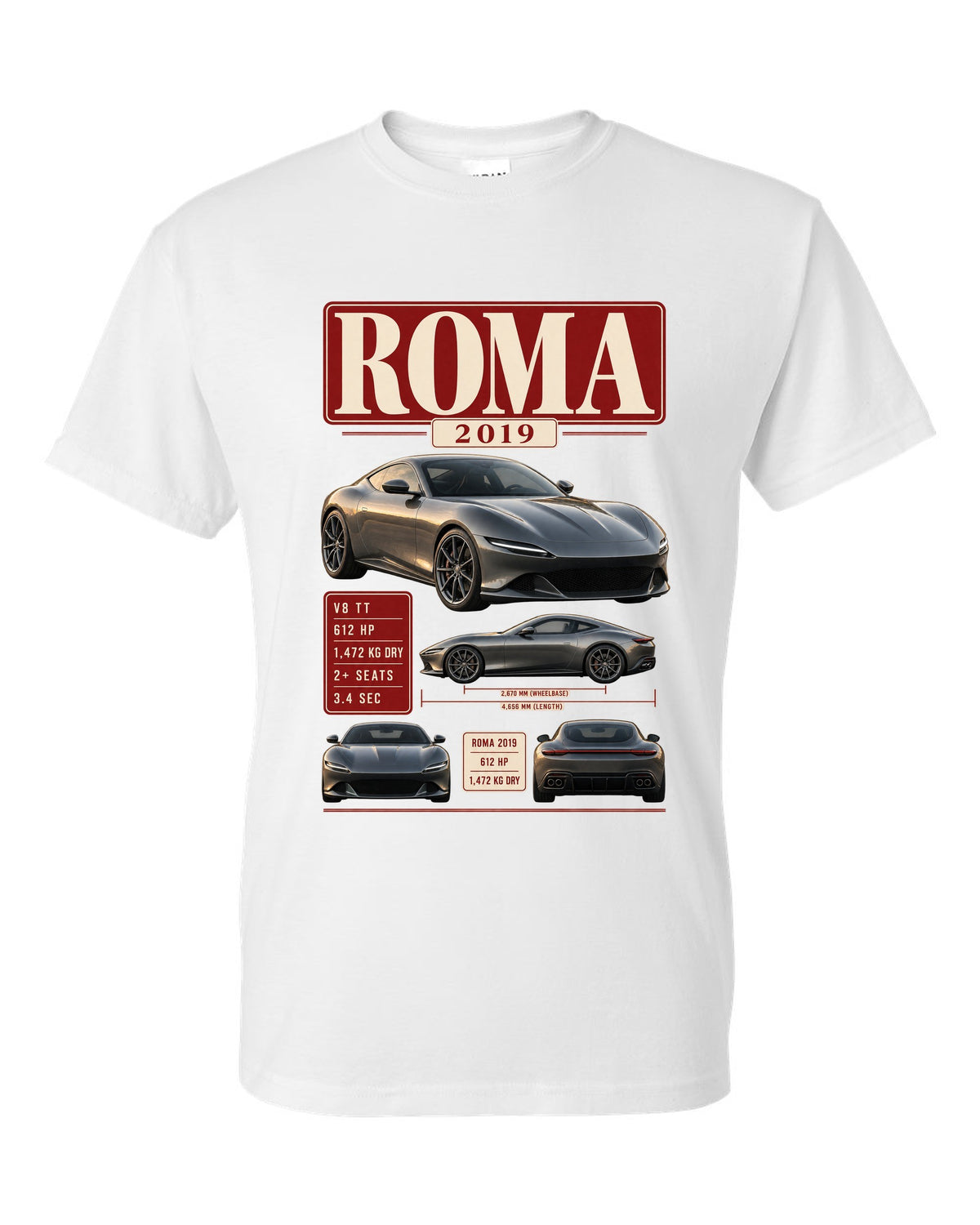 Archive panel print of the Ferrari Roma with 2019 spec text white t-shirt front view with the design