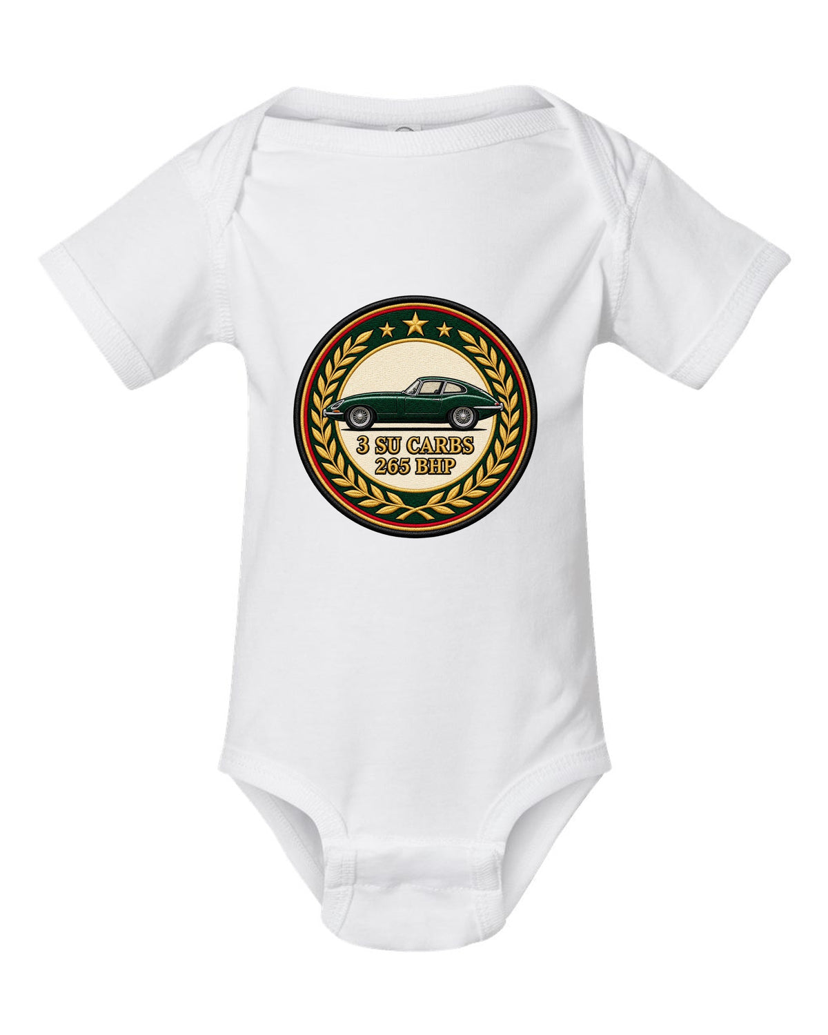 Varsity embroidery-style long bonnet print for the 1961 Jaguar E-Type Series 1 with 3 SU carbs and 265 bhp lettering white baby onesie front view with the design