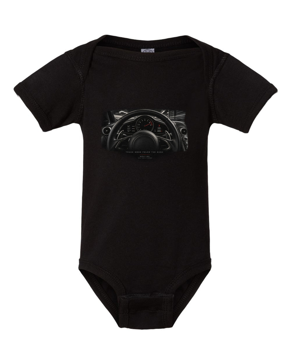 Cockpit gauge print of a 2011 McLaren 12C MP4-12C with folding dash text black baby onesie front view with the design