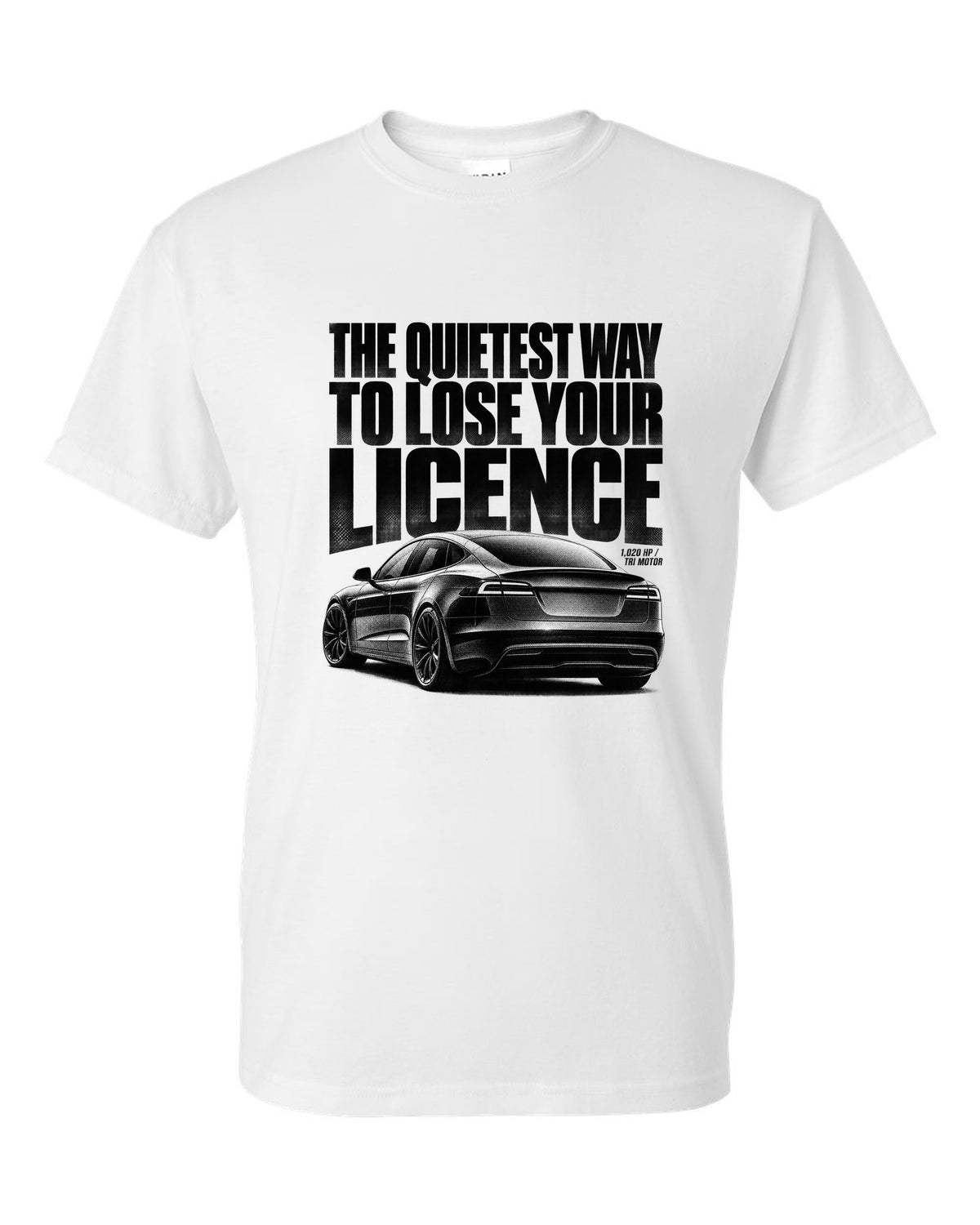 Halftone print of a Tesla Model S Plaid rear three-quarter view white t-shirt front view with the design