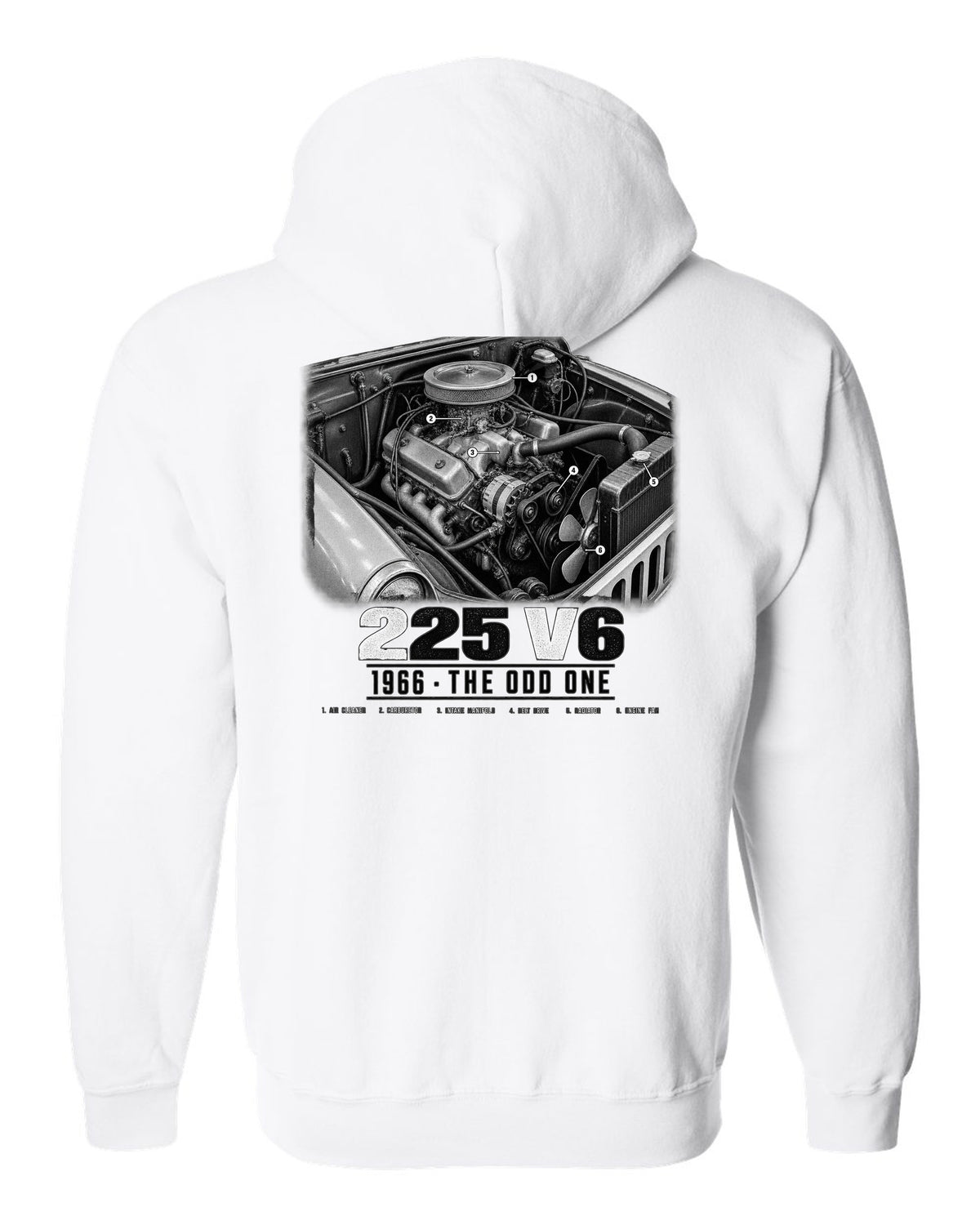 Engine hero print for the Jeep CJ-5 225 V6, 1966 white zip hoodie back view with the design