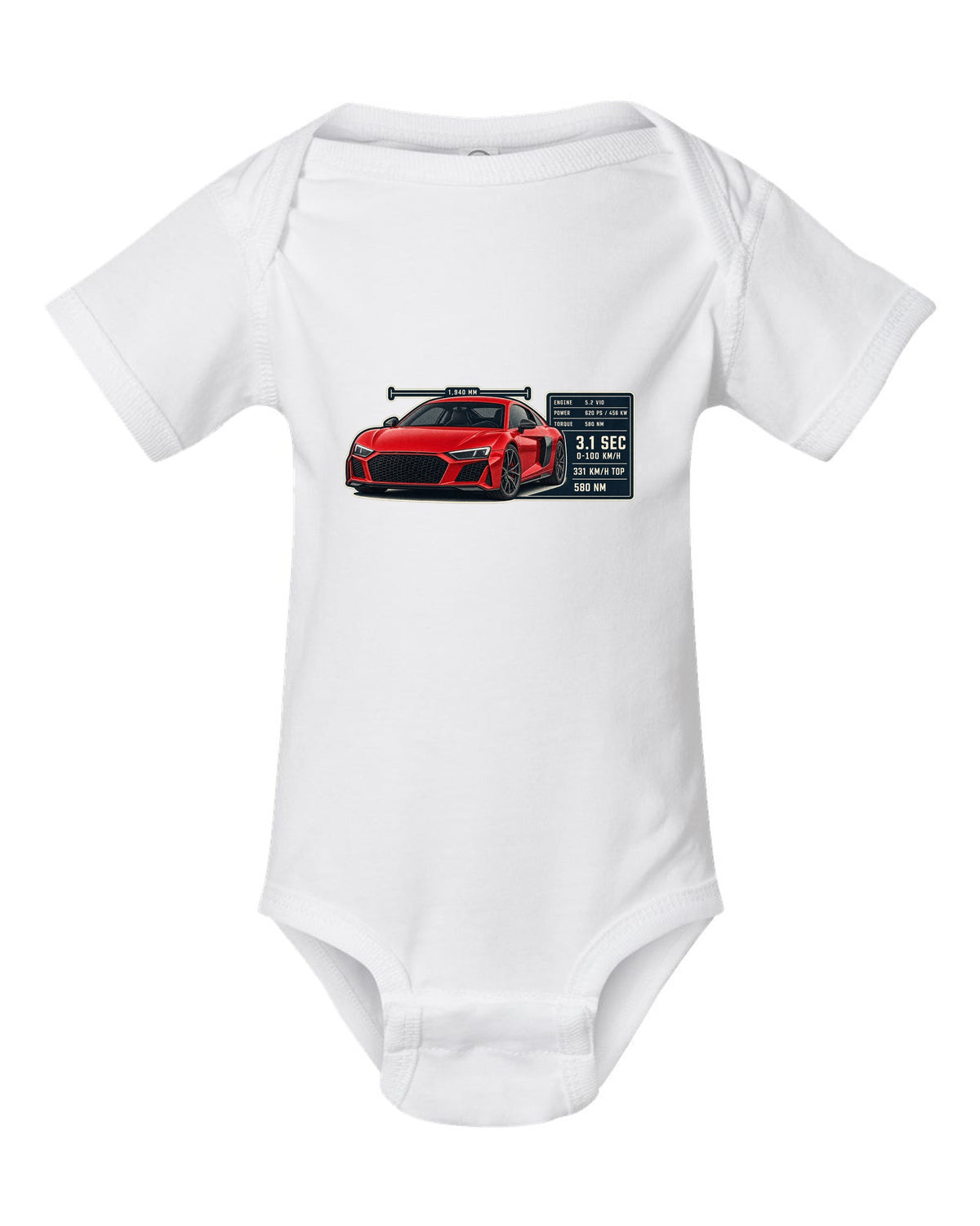 Audi R8 V10 performance coupe spec poster print design white baby onesie front view with the design