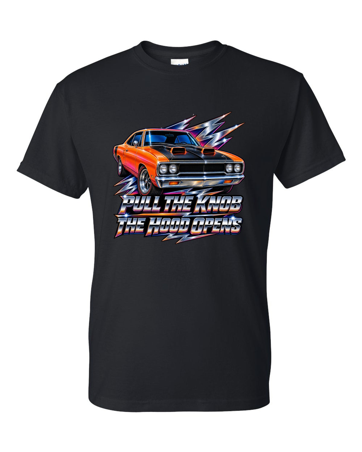 80s airbrush chrome design of a 1970 Plymouth Road Runner with pull the knob hood text black t-shirt front view with the design