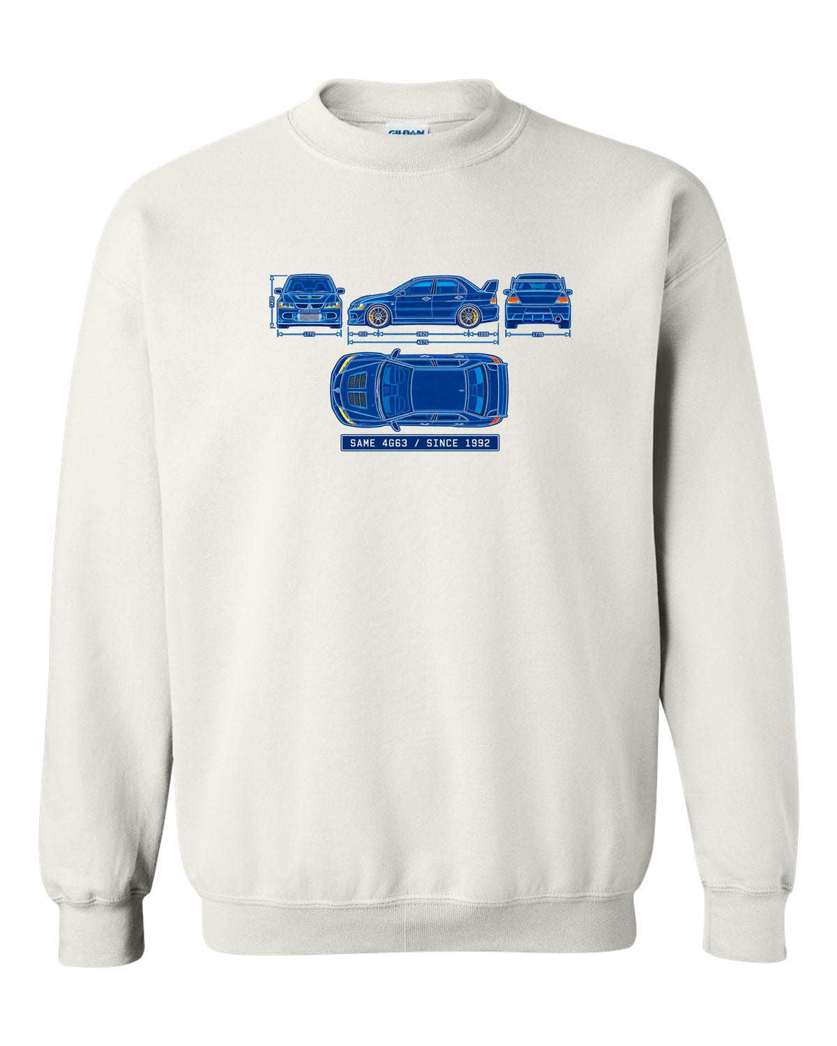 Embroidered patch style print of a boost gauge for the Mitsubishi Evo IX CT9A with boost gauge doesn't lie text white crewneck front view with the design