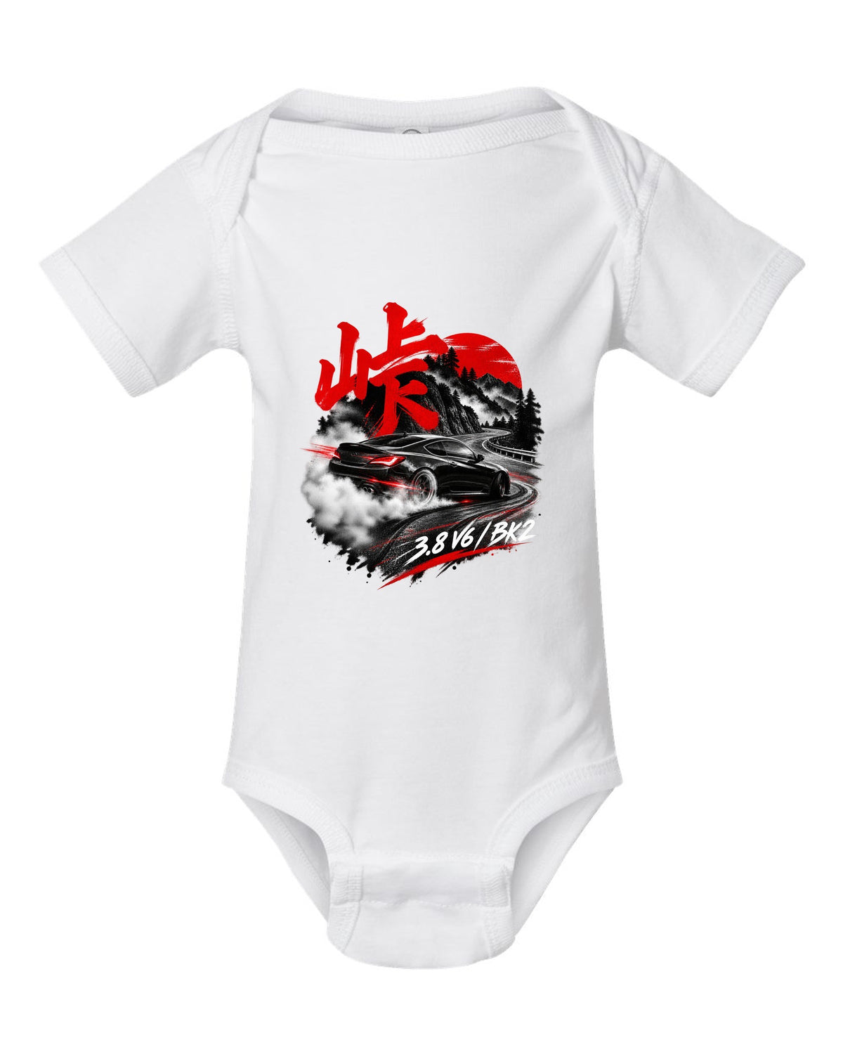 Hyundai Genesis Coupe BK2 on a mountain pass at night with kanji touge text white baby onesie front view with the design