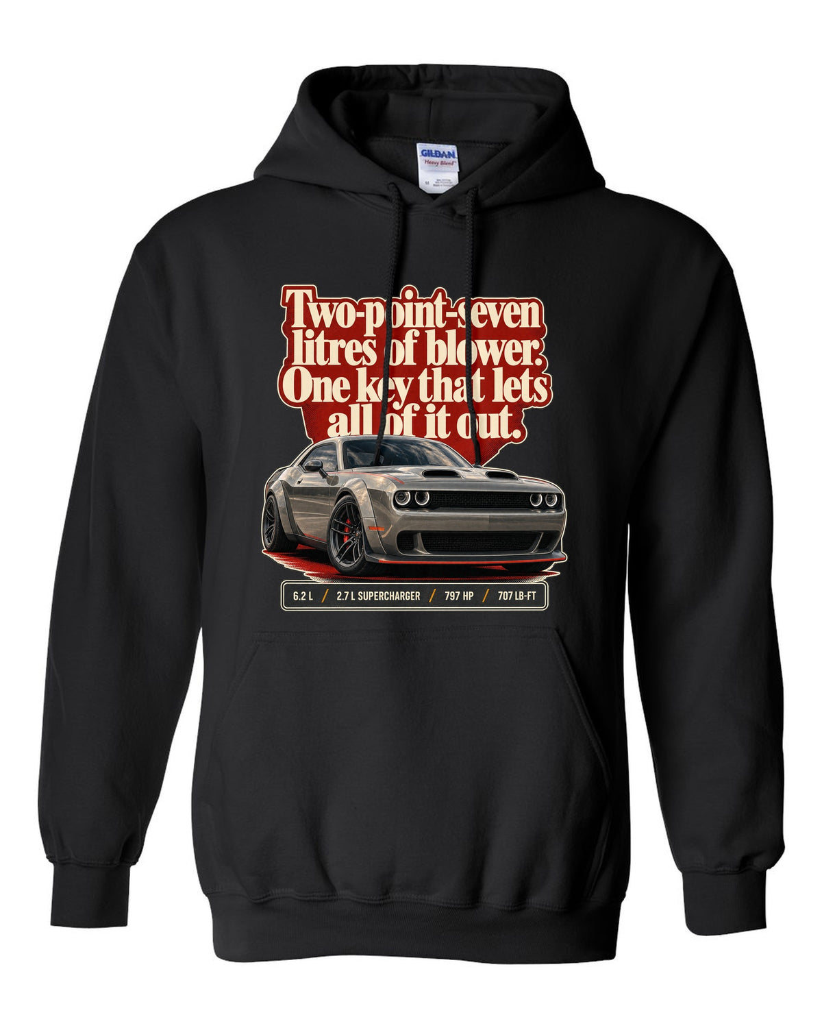 Dodge Challenger SRT Hellcat Redeye Widebody editorial headline print black pull over hoodie front view with the design