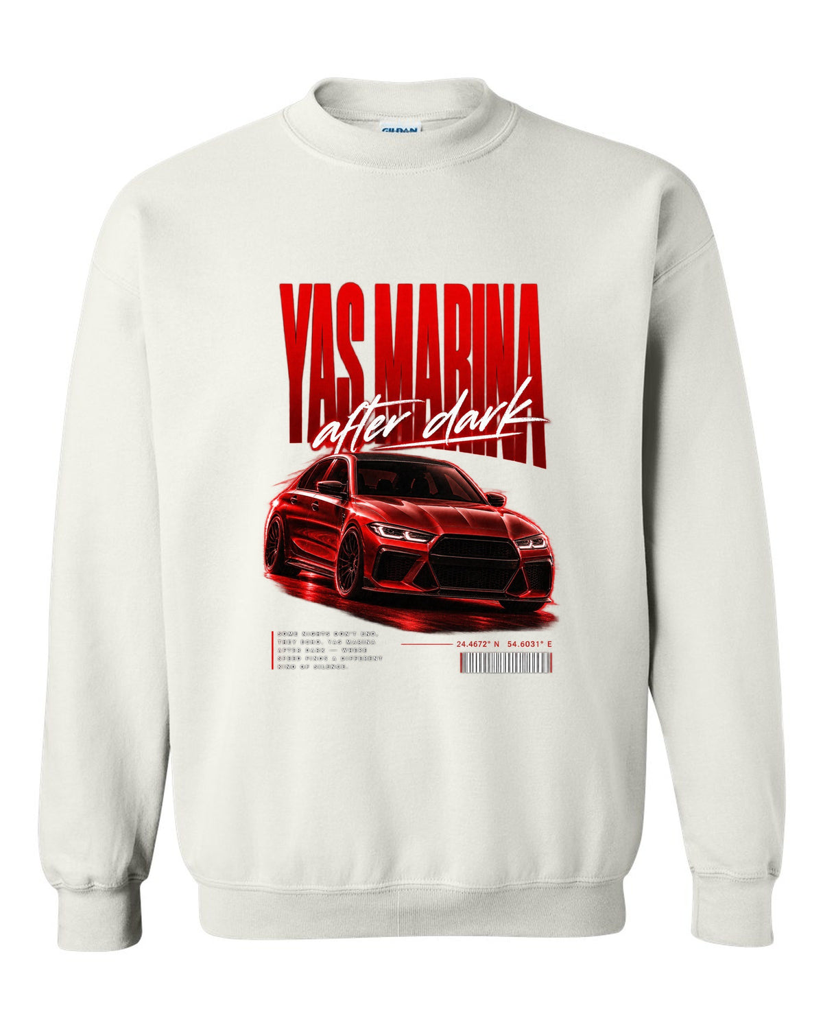 BMW F80 M3 sedan night street poster print with Yas Marina lettering white crewneck front view with the design