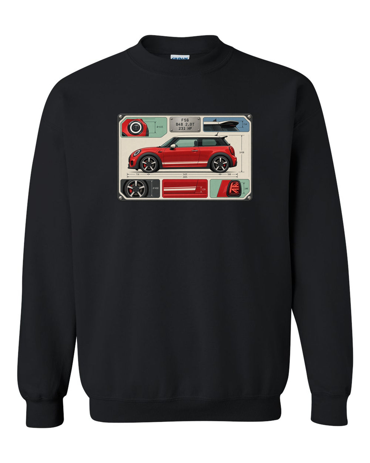 Spec-sheet data plate for the Mini JCW F56 with B48 2.0T and 231 HP black crewneck front view with the design