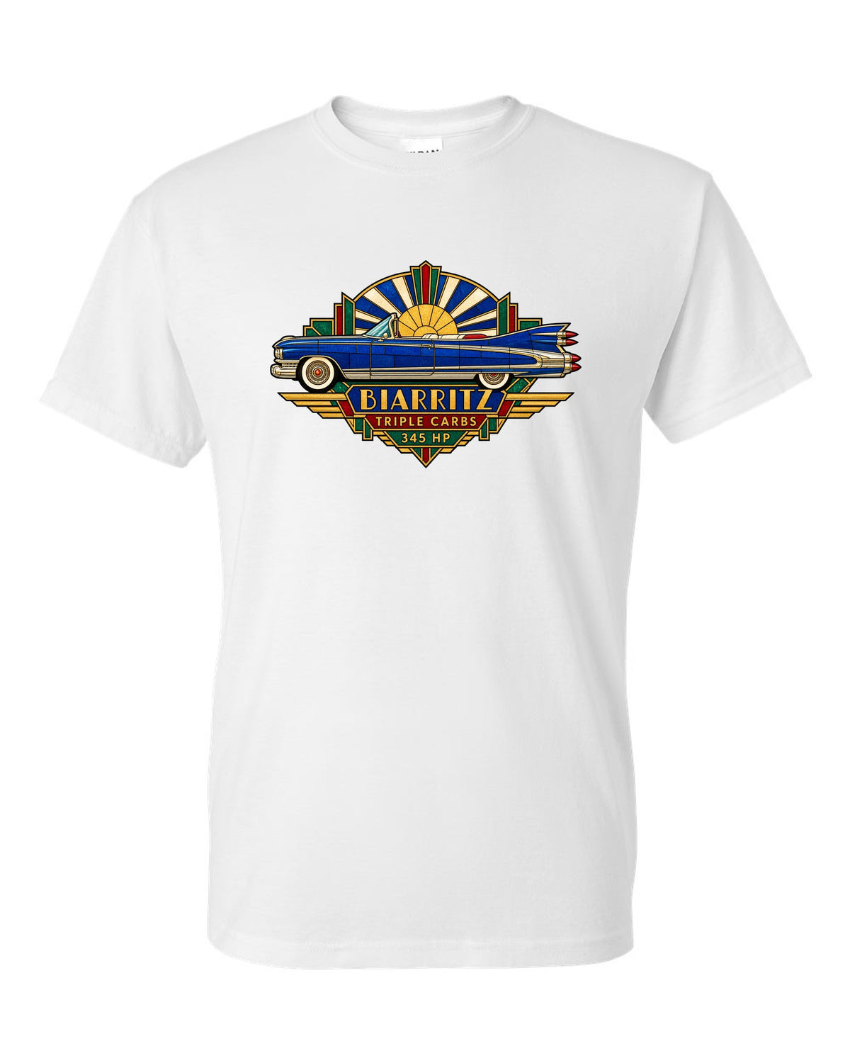 1959 Cadillac Eldorado Biarritz in Art Deco stained-glass geometric style white t-shirt front view with the design