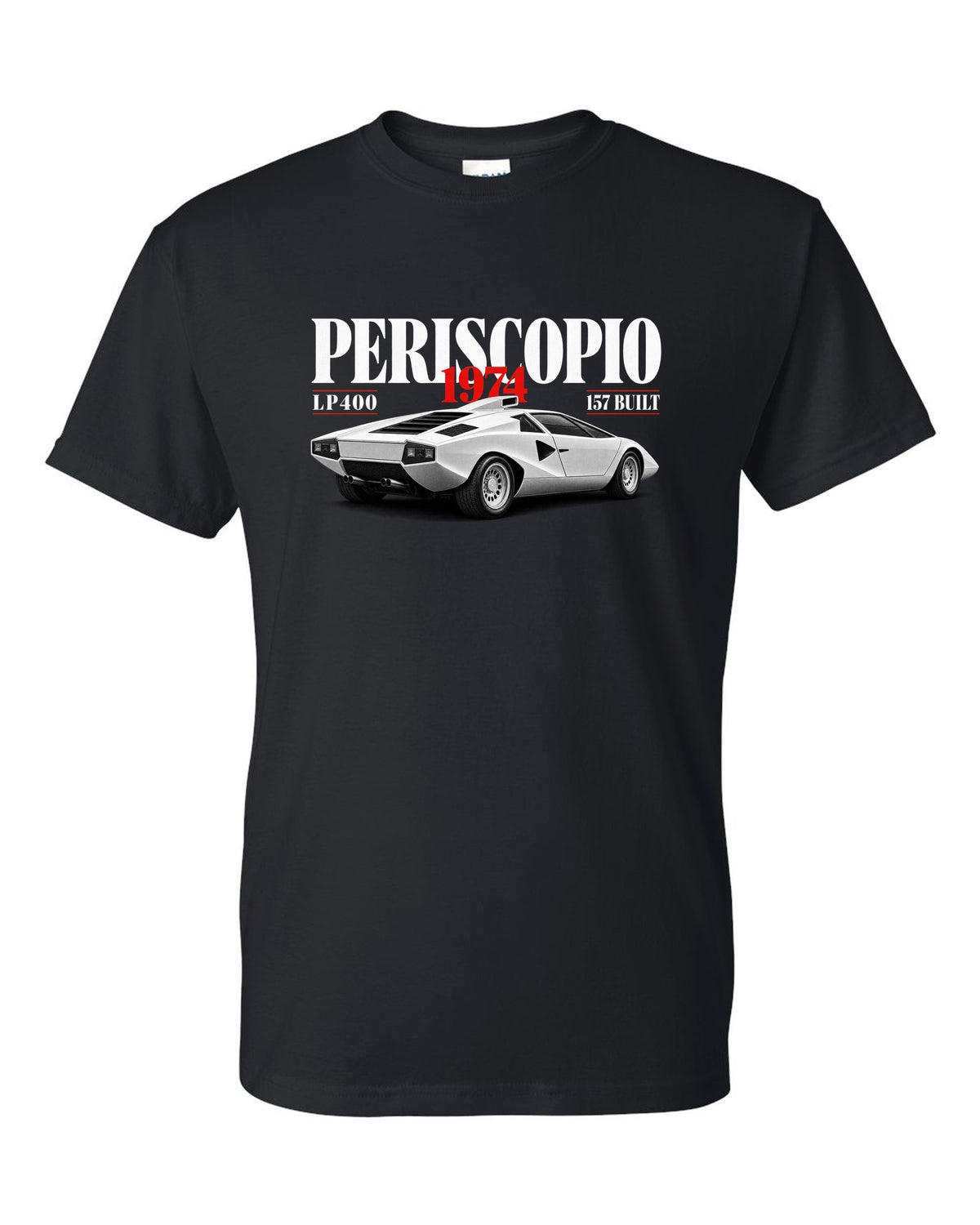 Editorial print of a Lamborghini Countach LP400 with periscopio and 157 built text black t-shirt front view with the design