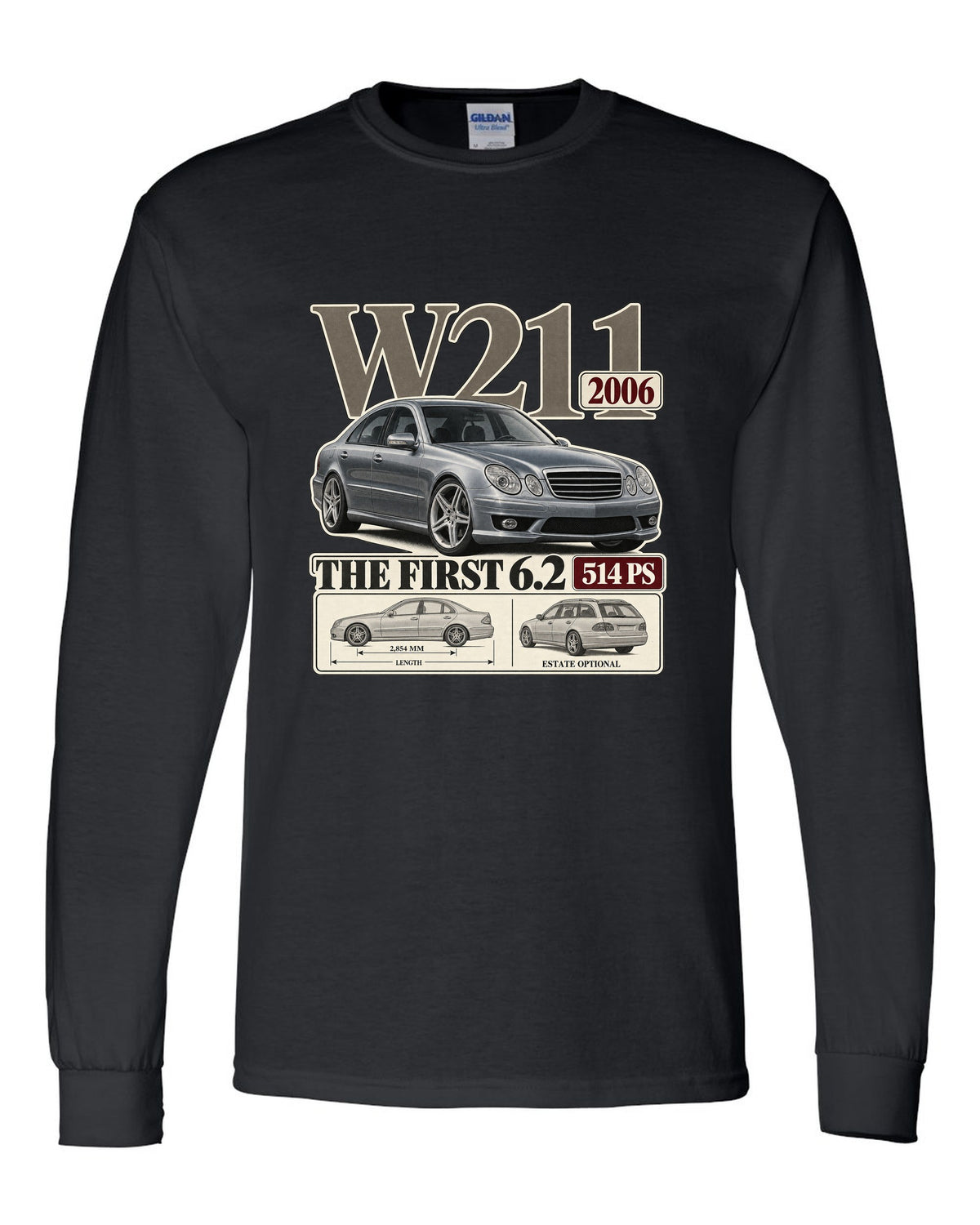 Archive panel print of a silver Mercedes-AMG E63 W211 sedan black long sleeve front view with the design