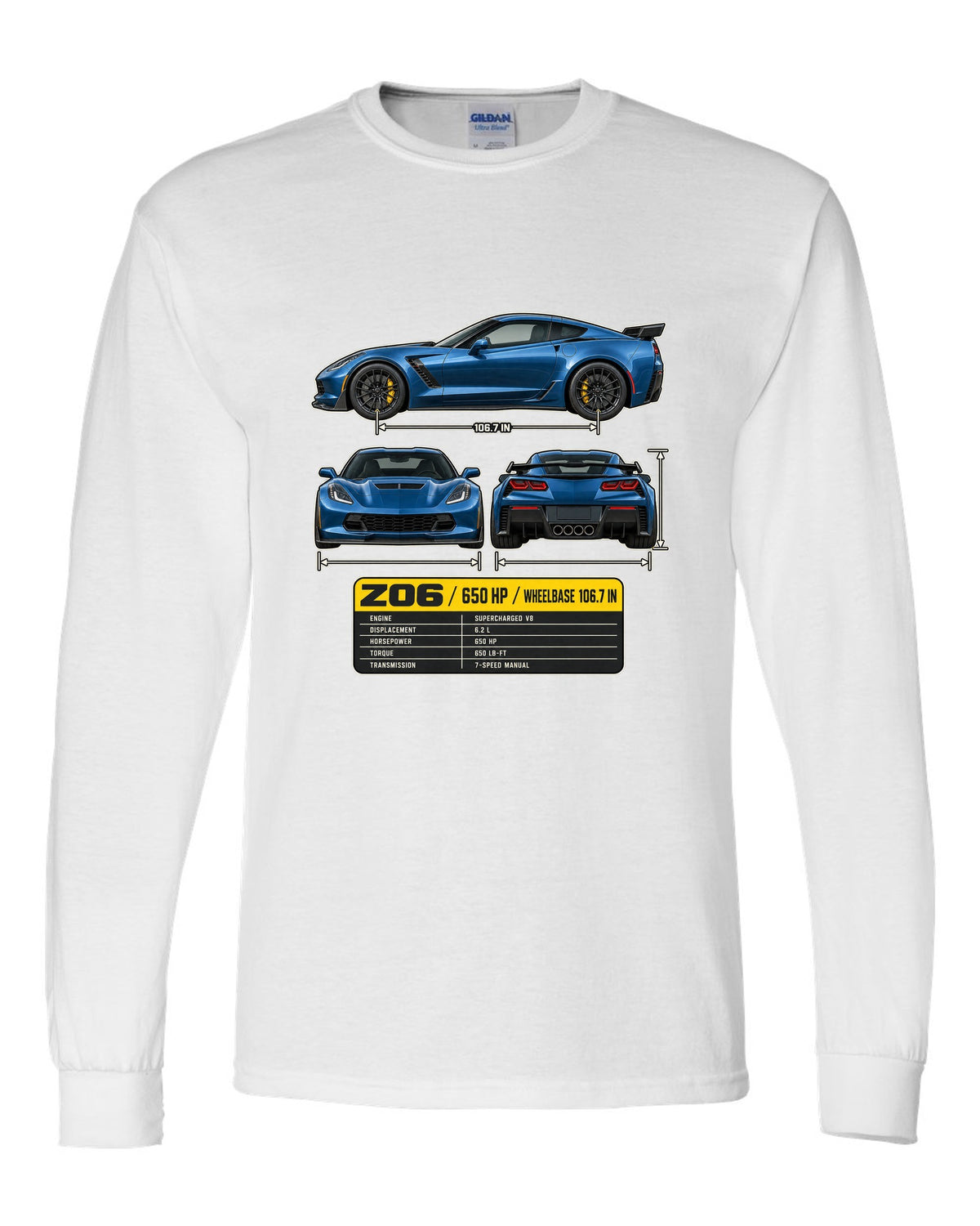 print of a Chevrolet Corvette C7 Z06 three-view drawing with a spec table white long sleeve front view with the design