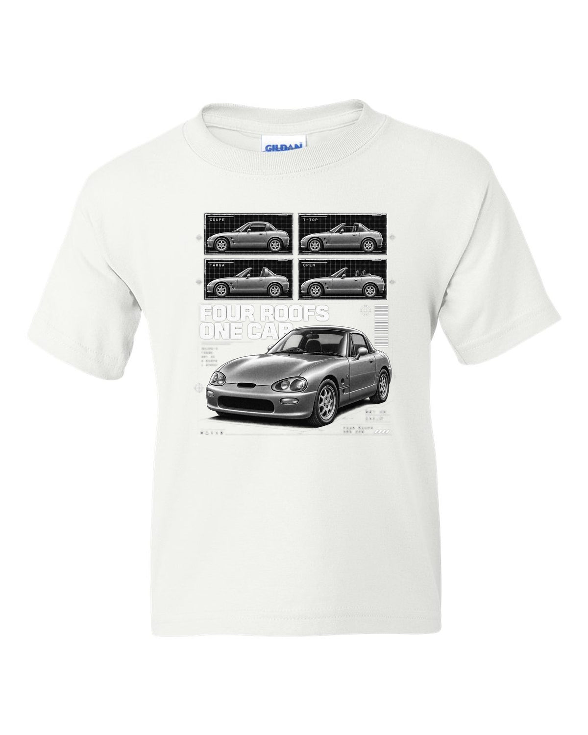 Dossier panel print of a Suzuki Cappuccino EA11R kei roadster white kids tee front view with the design