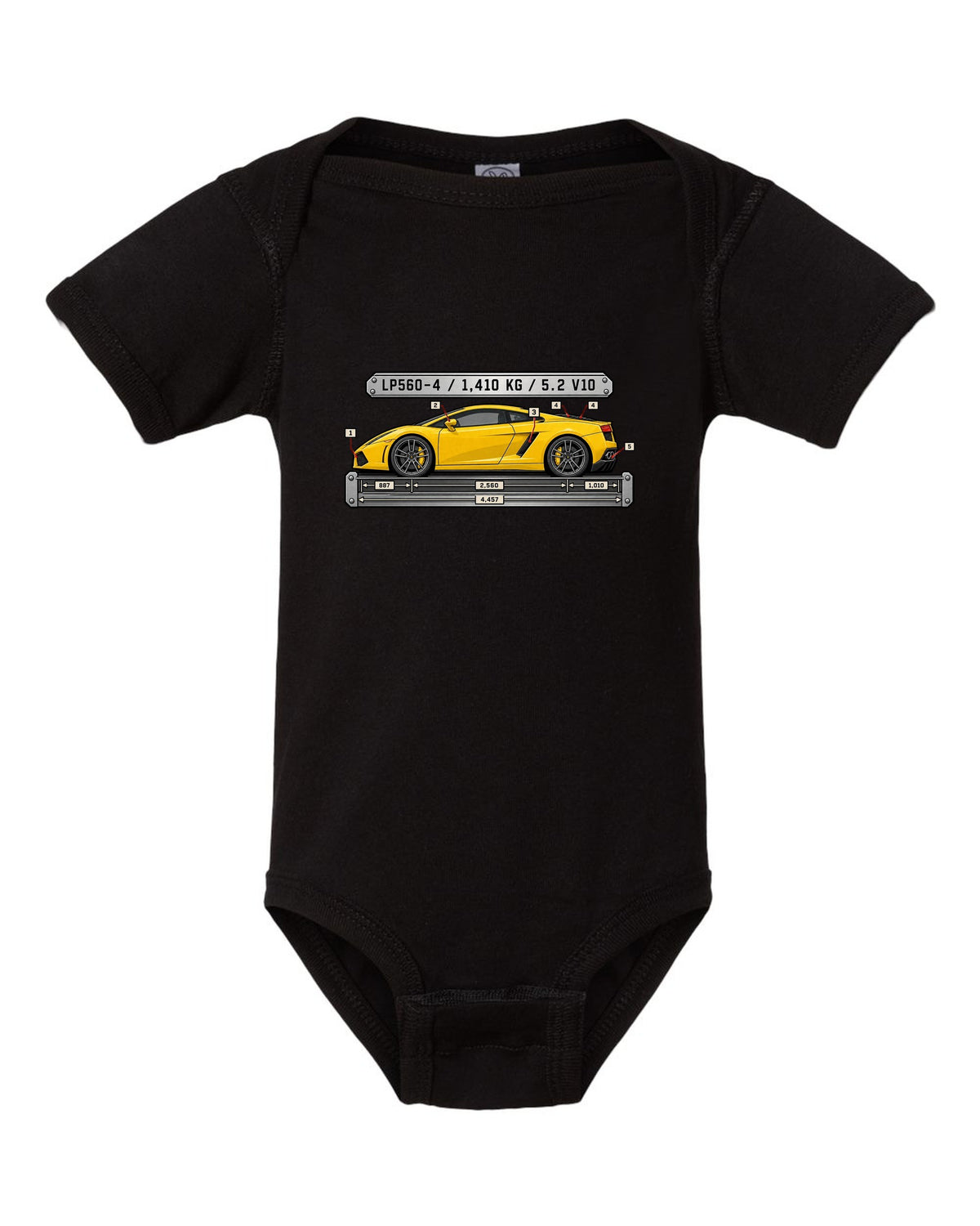 Spec-sheet data plate design for a Lamborghini Gallardo LP560-4 with weight and engine text black baby onesie front view with the design