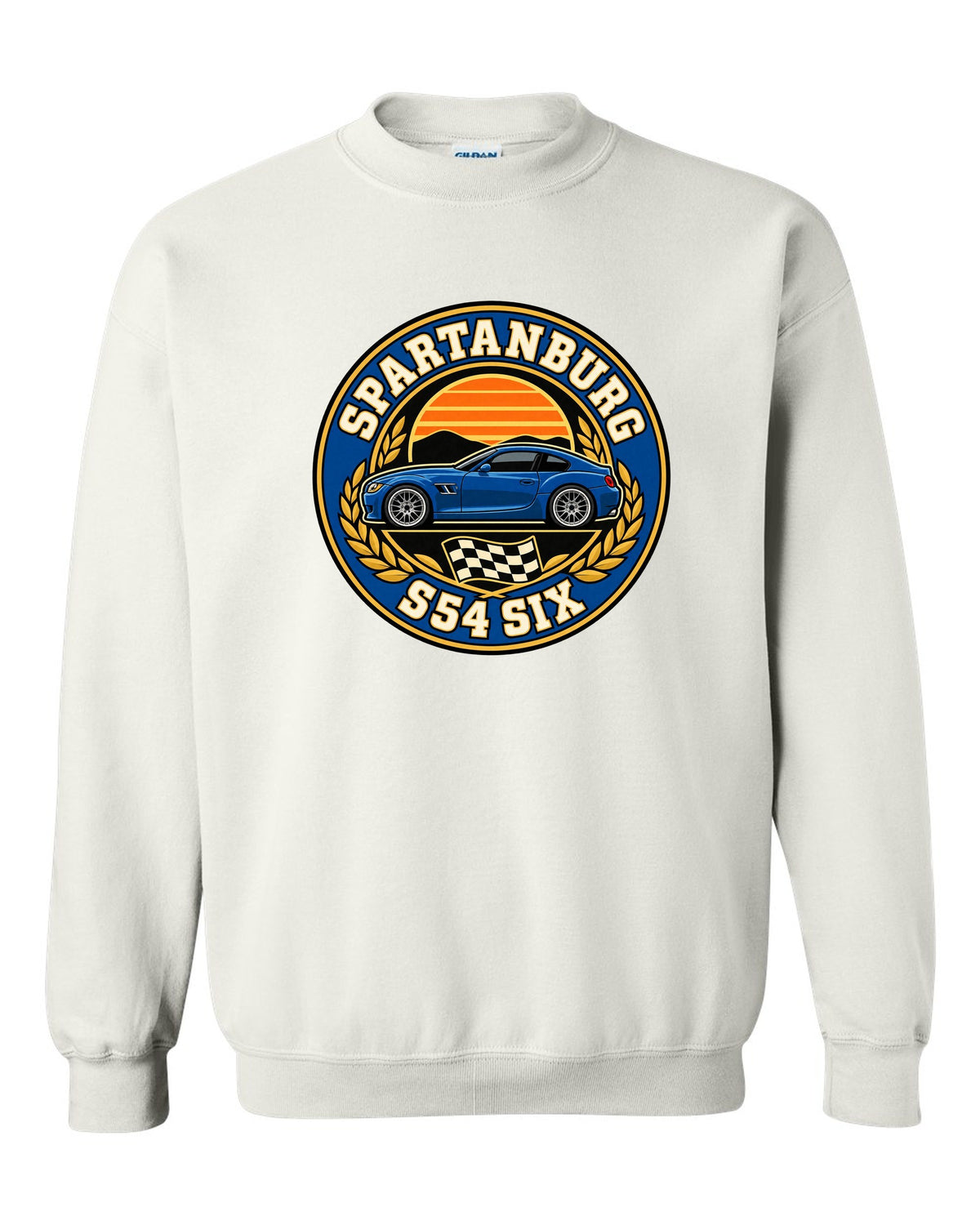 BMW Z4 M Coupe E86 varsity crest print with Spartanburg S54 six text white crewneck front view with the design