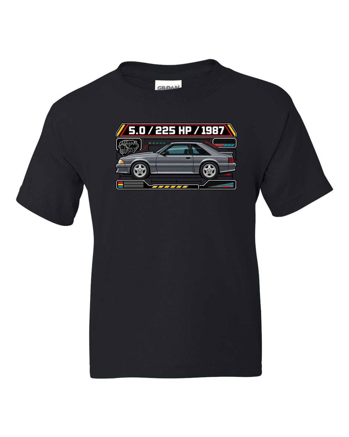 Spec-sheet data plate print of a 1987 Ford Mustang Fox Body GT chback black kids tee front view with the design