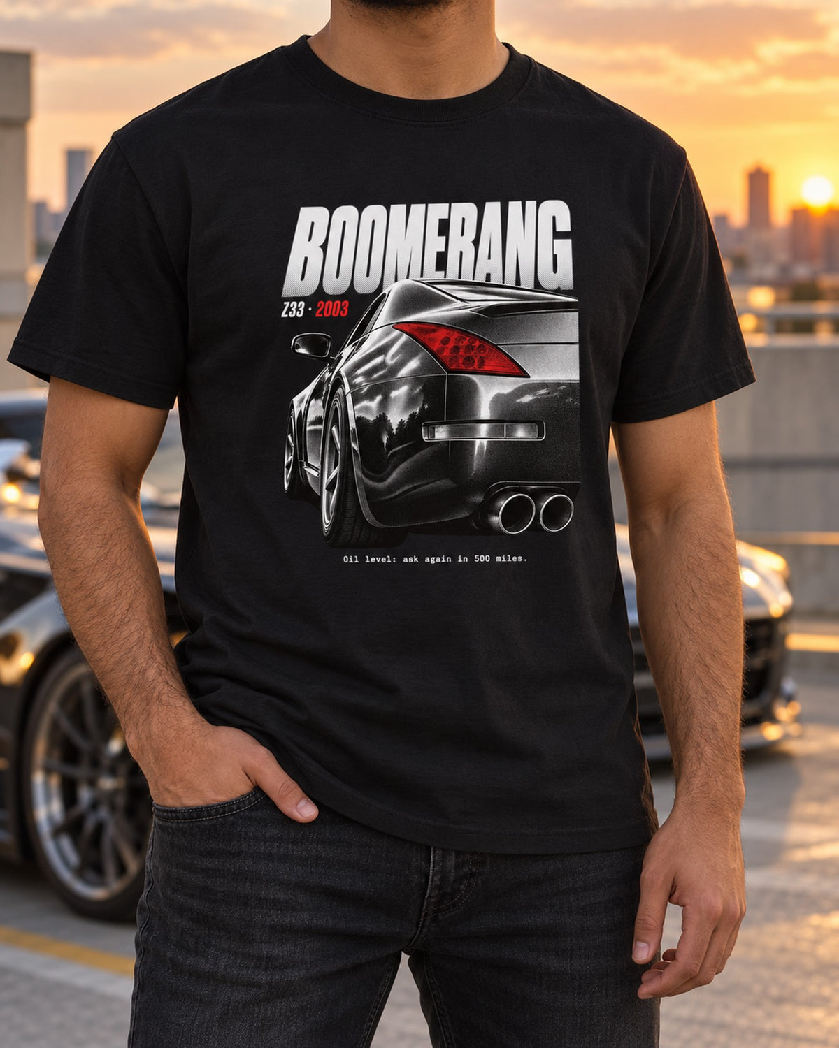Nissan 350Z Z33 Boomerang Tail Light Shirt, Oil Level Joke T-Shirt Black worn hero
