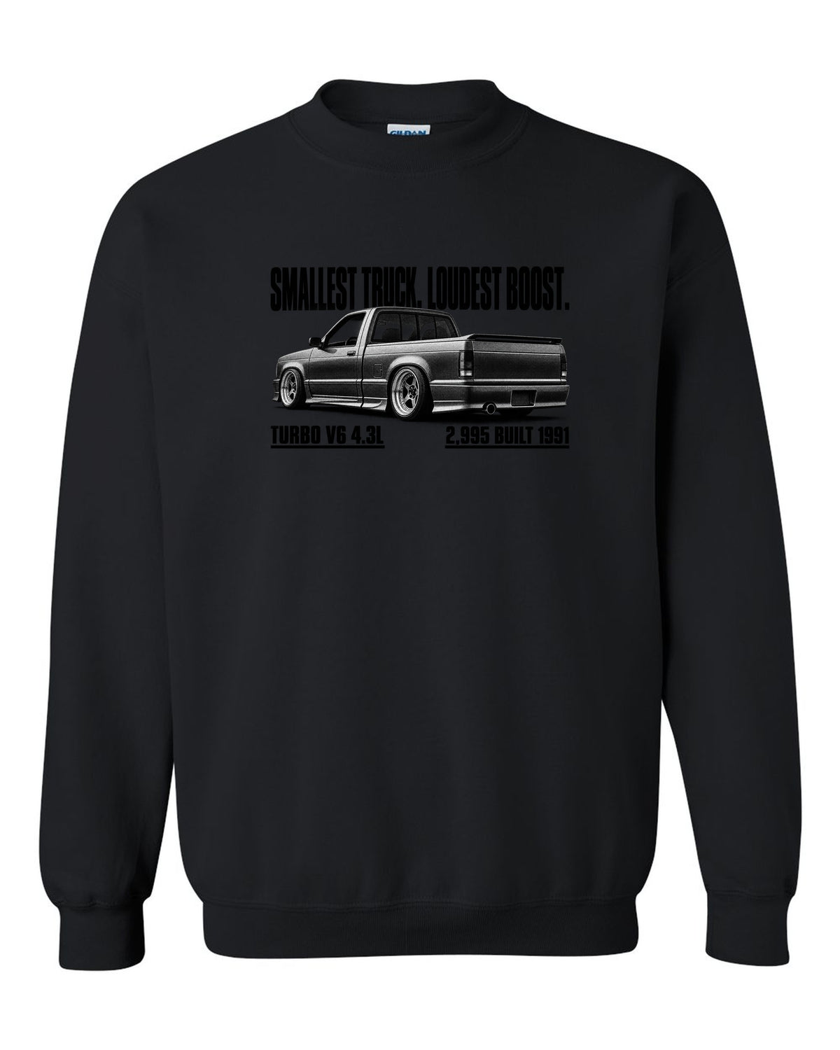 1991 GMC Syclone halftone profile with boost headline, print black crewneck front view with the design