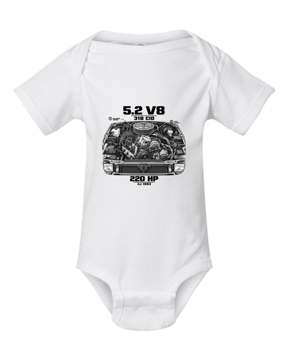 Jeep Grand Cherokee ZJ 5.2 V8 engine print with 318 CID text white baby onesie front view with the design