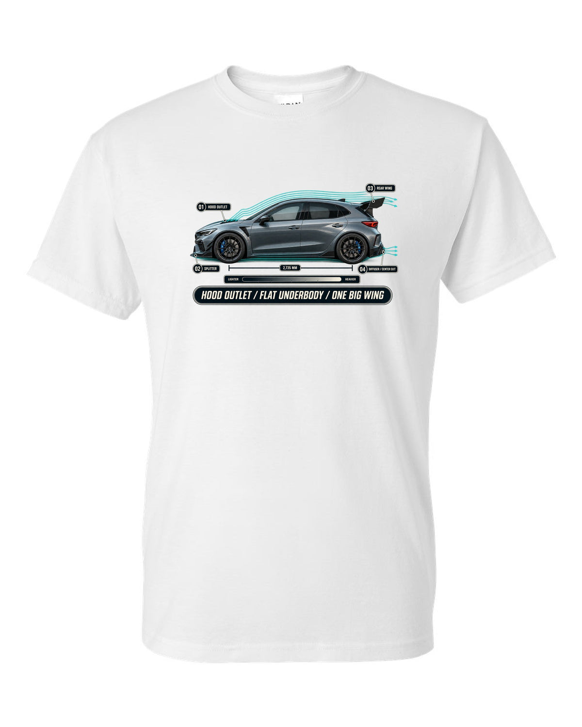 Honda Civic Type R FL5 Airflow Callouts white t-shirt front view with the design