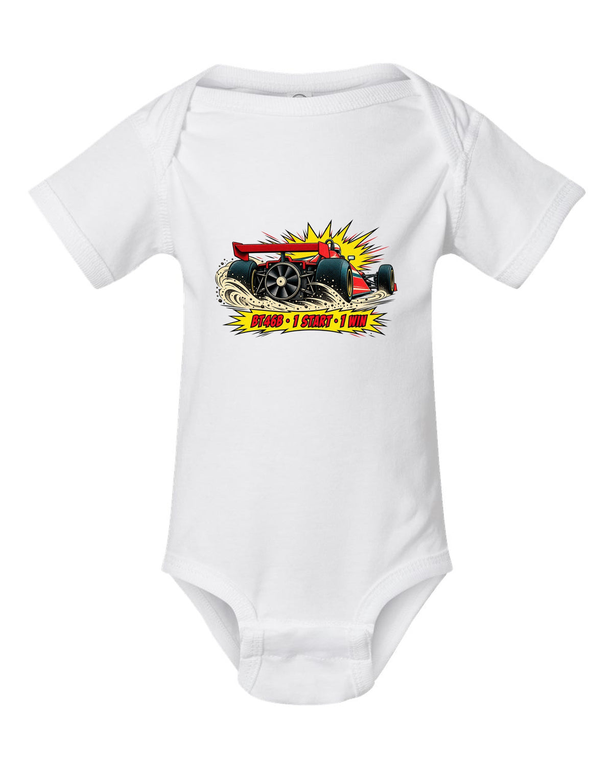 Comic halftone pop-art of the Brabham BT46B fan car with 1 start, 1 win text white baby onesie front view with the design