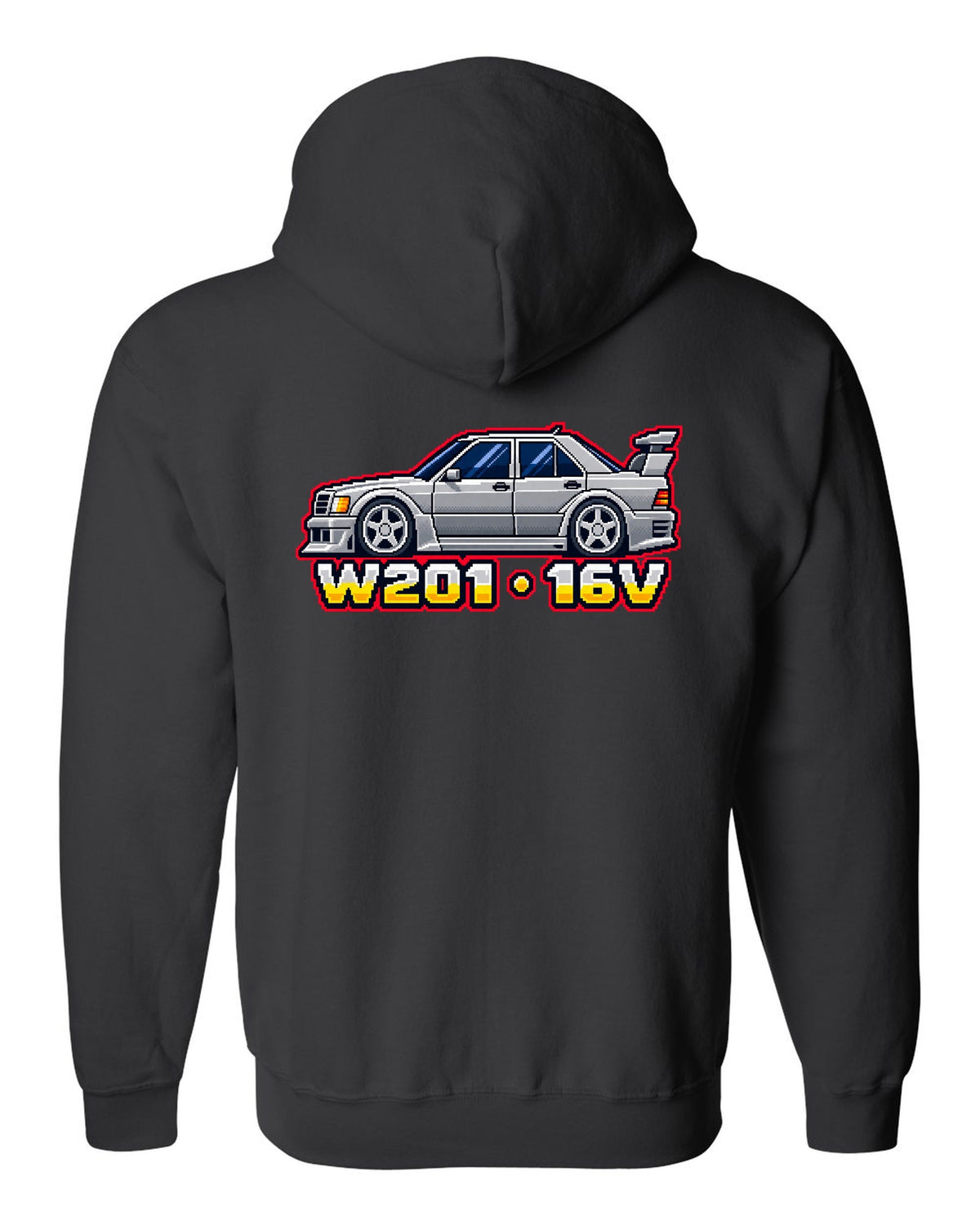 Mercedes 190E Evo II W201 16-Bit Pixel Art Tee, Car black zip hoodie back view with the design